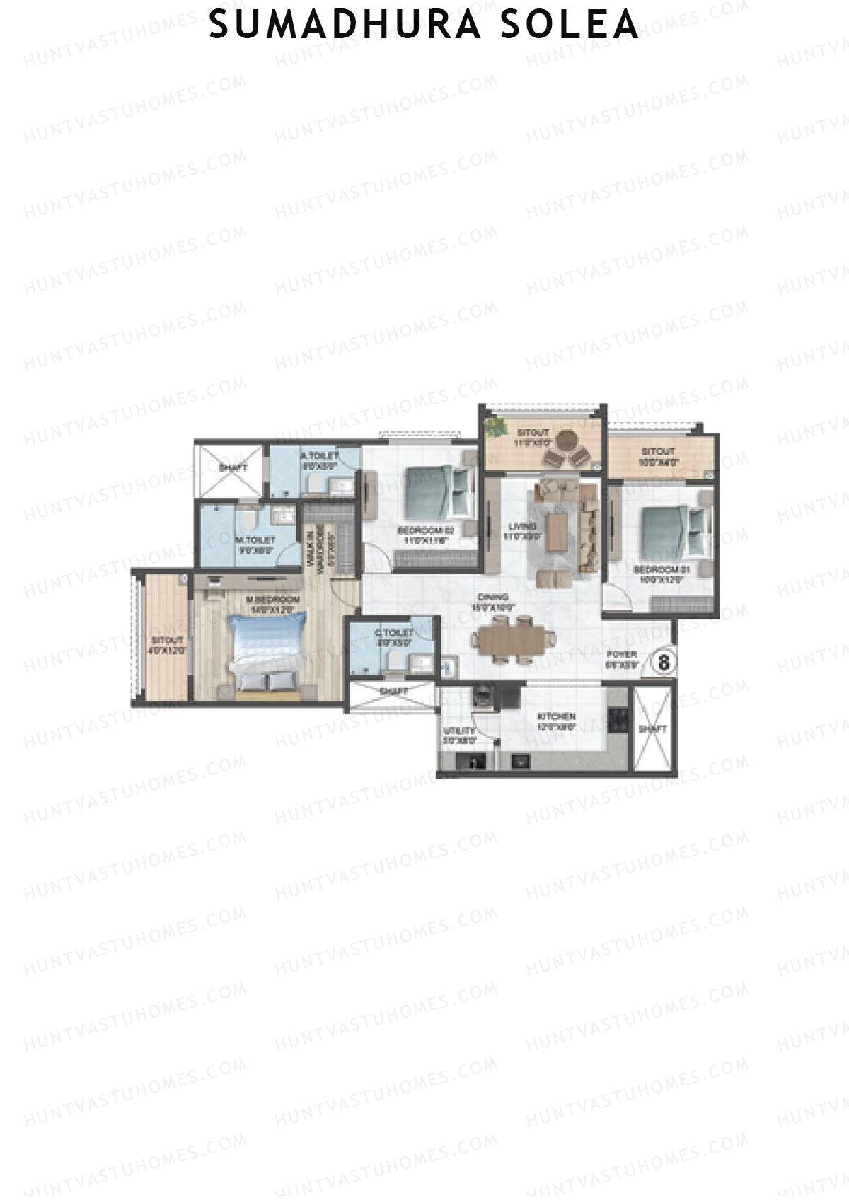 Sumadhura Solea, Wing Elm, Unit 8, 3BHK, Super Area 1790   sq ft 