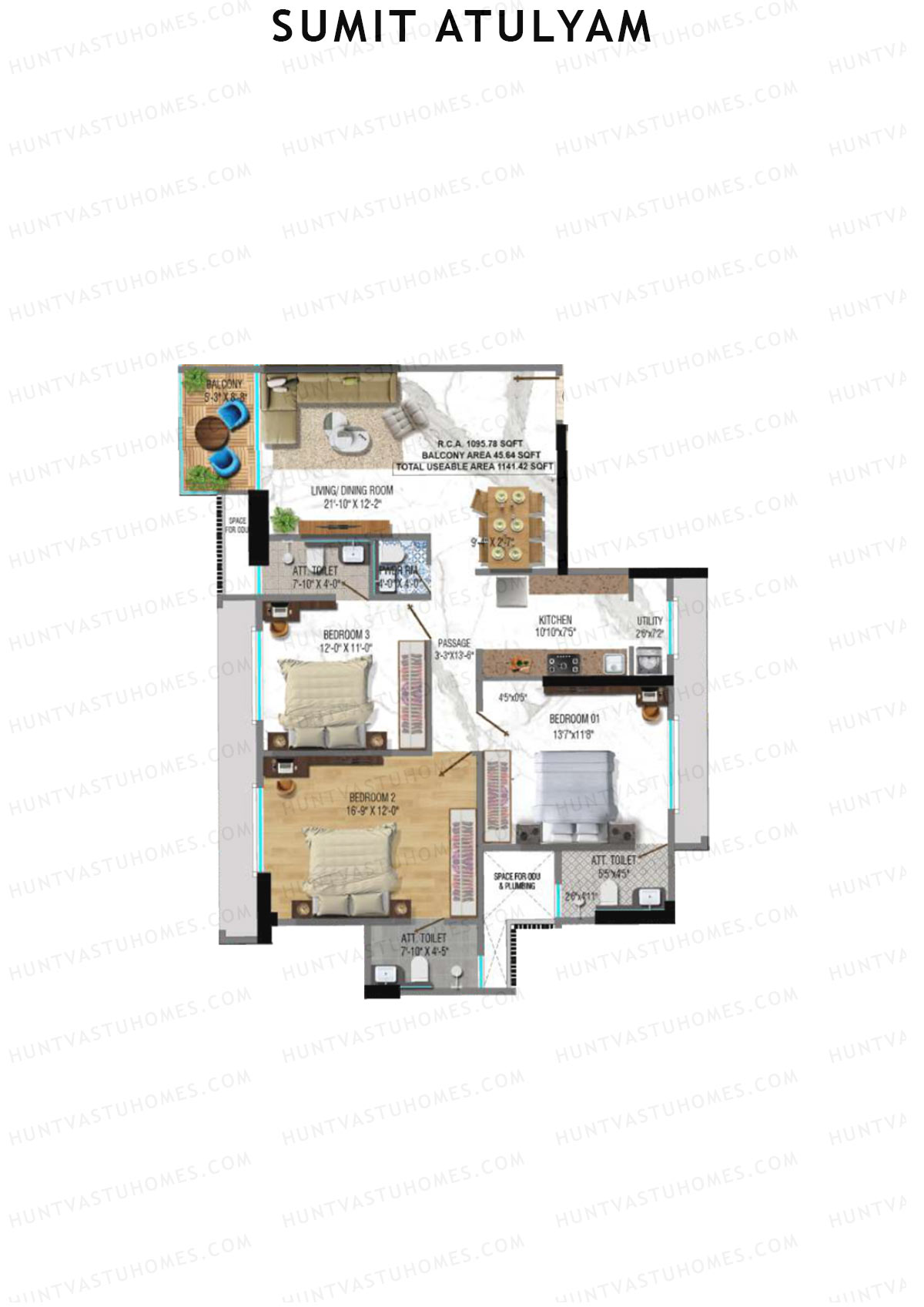 Sumit Atulyam, Wing A, Unit 1, 3BHK, Carpet Area 1095   sq ft 