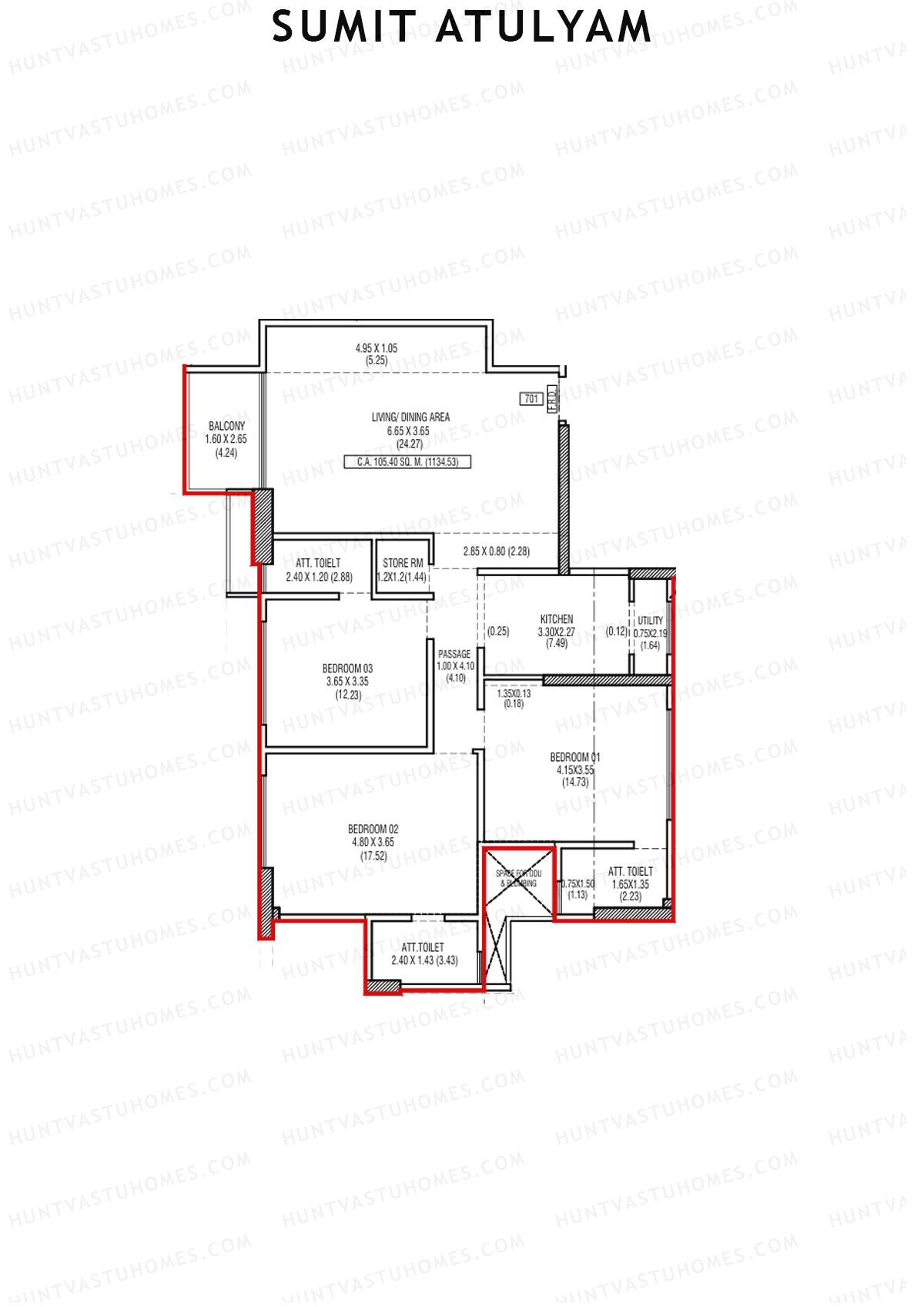 Sumit Atulyam, Wing A, Unit 1, 3BHK, Carpet Area 1134   sq ft 