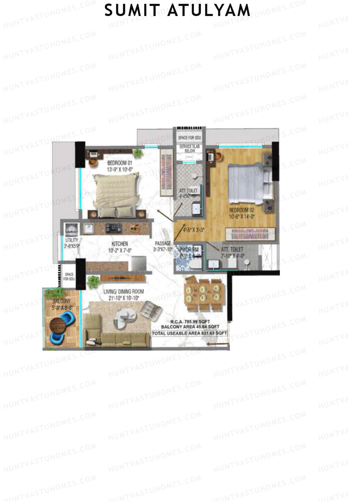 Sumit Atulyam, Wing A, Unit 2, 2BHK, Carpet Area 785   sq ft 