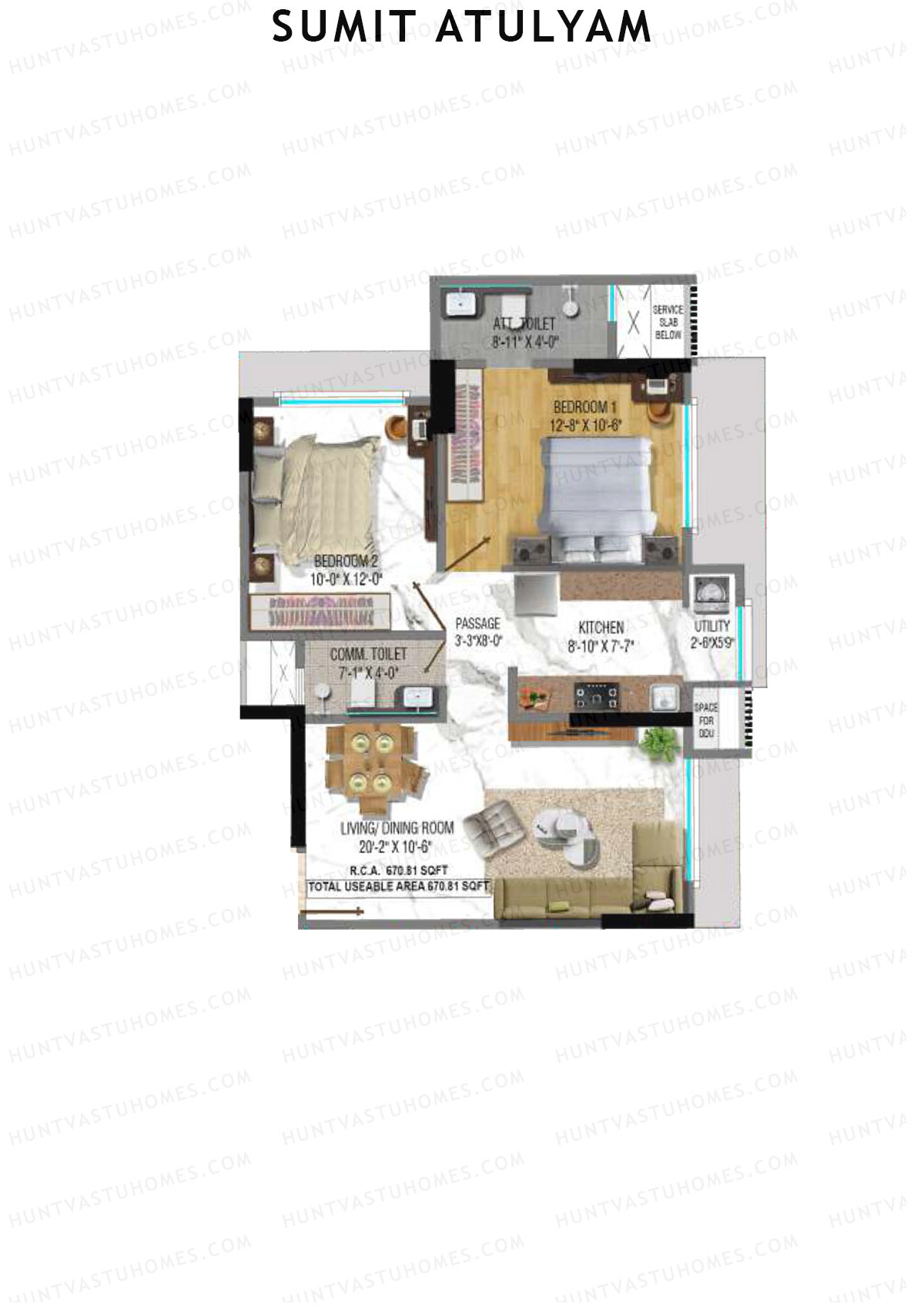 Sumit Atulyam, Wing A, Unit 3, 2BHK, Carpet Area 670   sq ft 