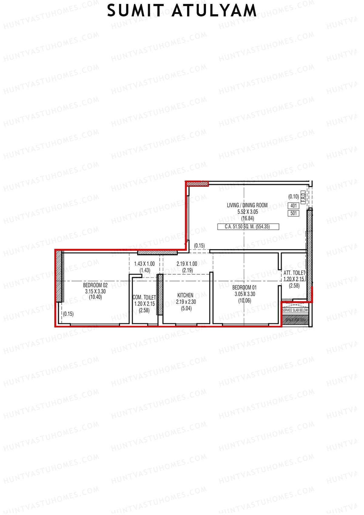 Sumit Atulyam, Wing B, Unit 1, 2BHK, Carpet Area 554   sq ft 