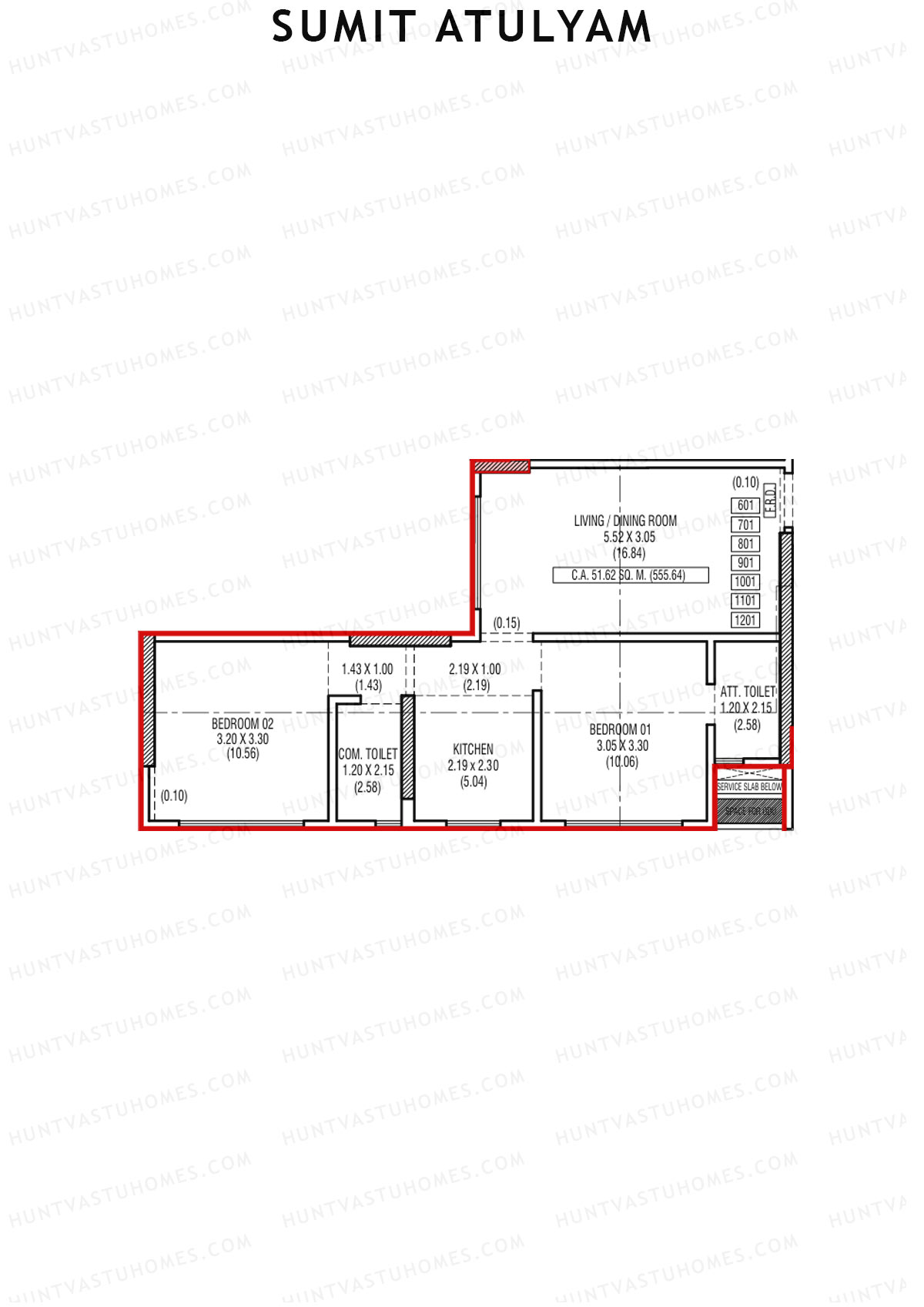 Sumit Atulyam, Wing B, Unit 1, 2BHK, Carpet Area 555   sq ft 