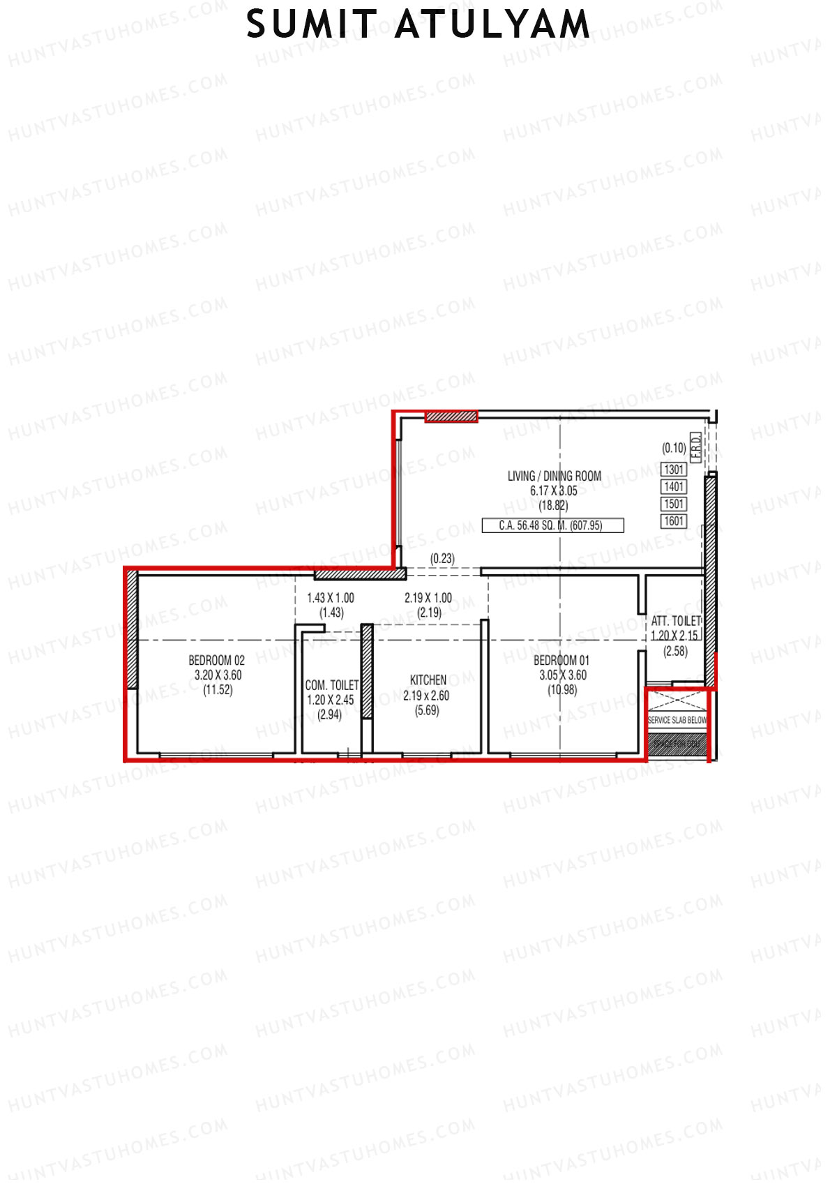Sumit Atulyam, Wing B, Unit 1, 2BHK, Carpet Area 607   sq ft 