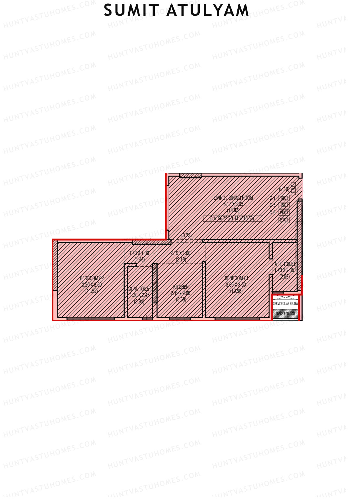 Sumit Atulyam, Wing B, Unit 1, 2BHK, Carpet Area 610   sq ft 