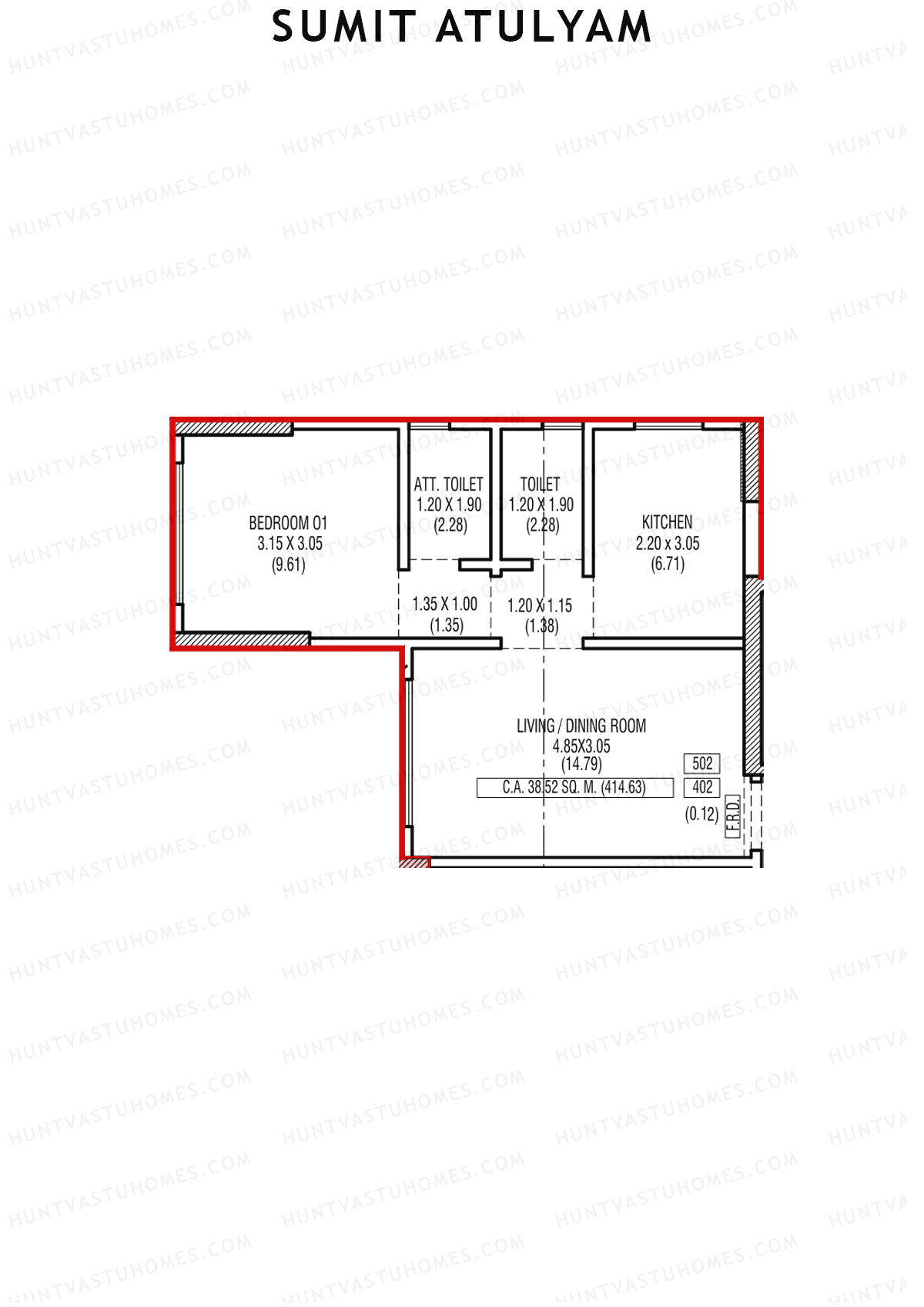 Sumit Atulyam, Wing B, Unit 2, 1BHK, Carpet Area 414   sq ft 