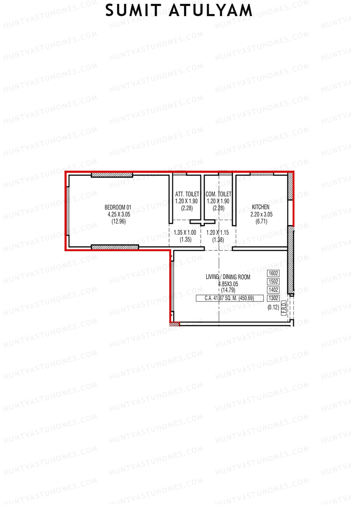 Sumit Atulyam, Wing B, Unit 2, 1BHK, Carpet Area 450   sq ft 