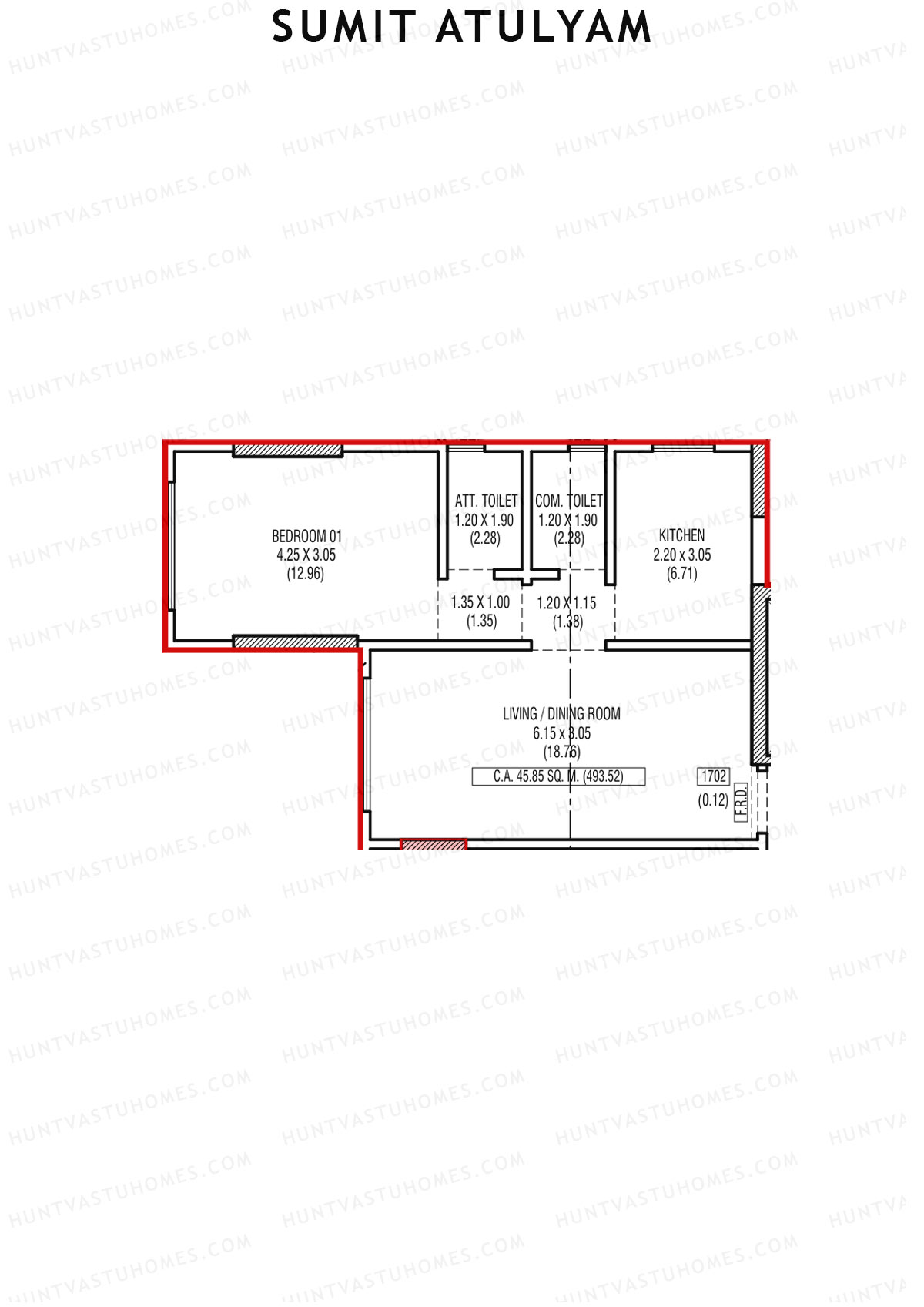 Sumit Atulyam, Wing B, Unit 2, 1BHK, Carpet Area 493   sq ft 