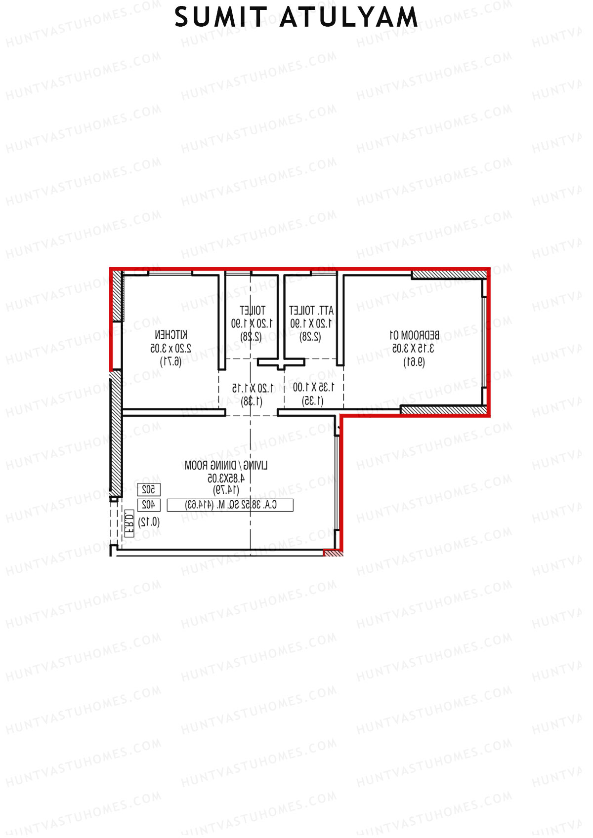 Sumit Atulyam, Wing B, Unit 3, 1BHK, Carpet Area 414   sq ft 