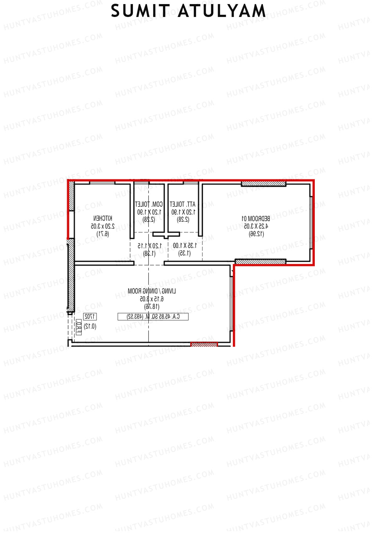 Sumit Atulyam, Wing B, Unit 3, 1BHK, Carpet Area 493   sq ft 