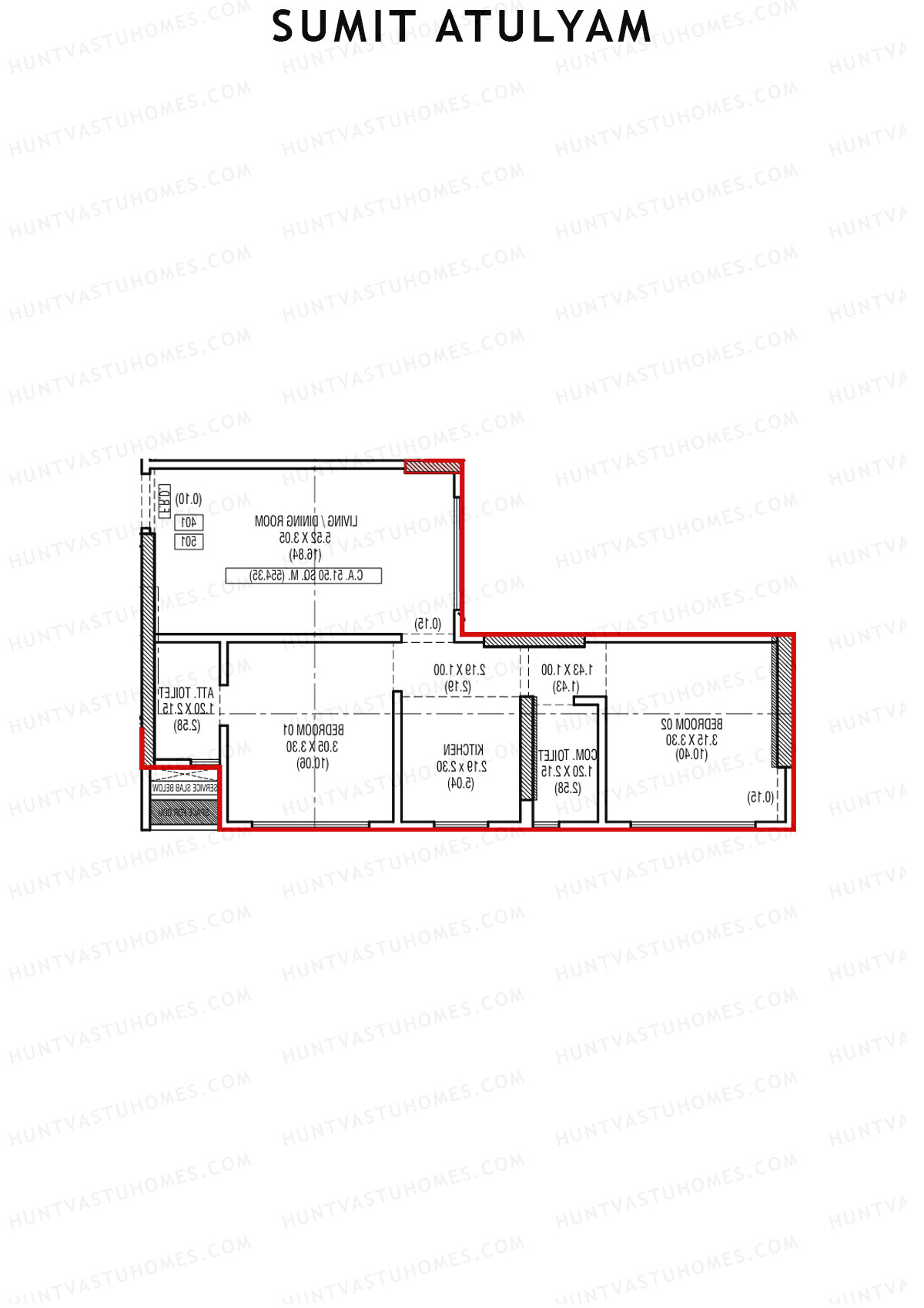 Sumit Atulyam, Wing B, Unit 4, 2BHK, Carpet Area 554   sq ft 