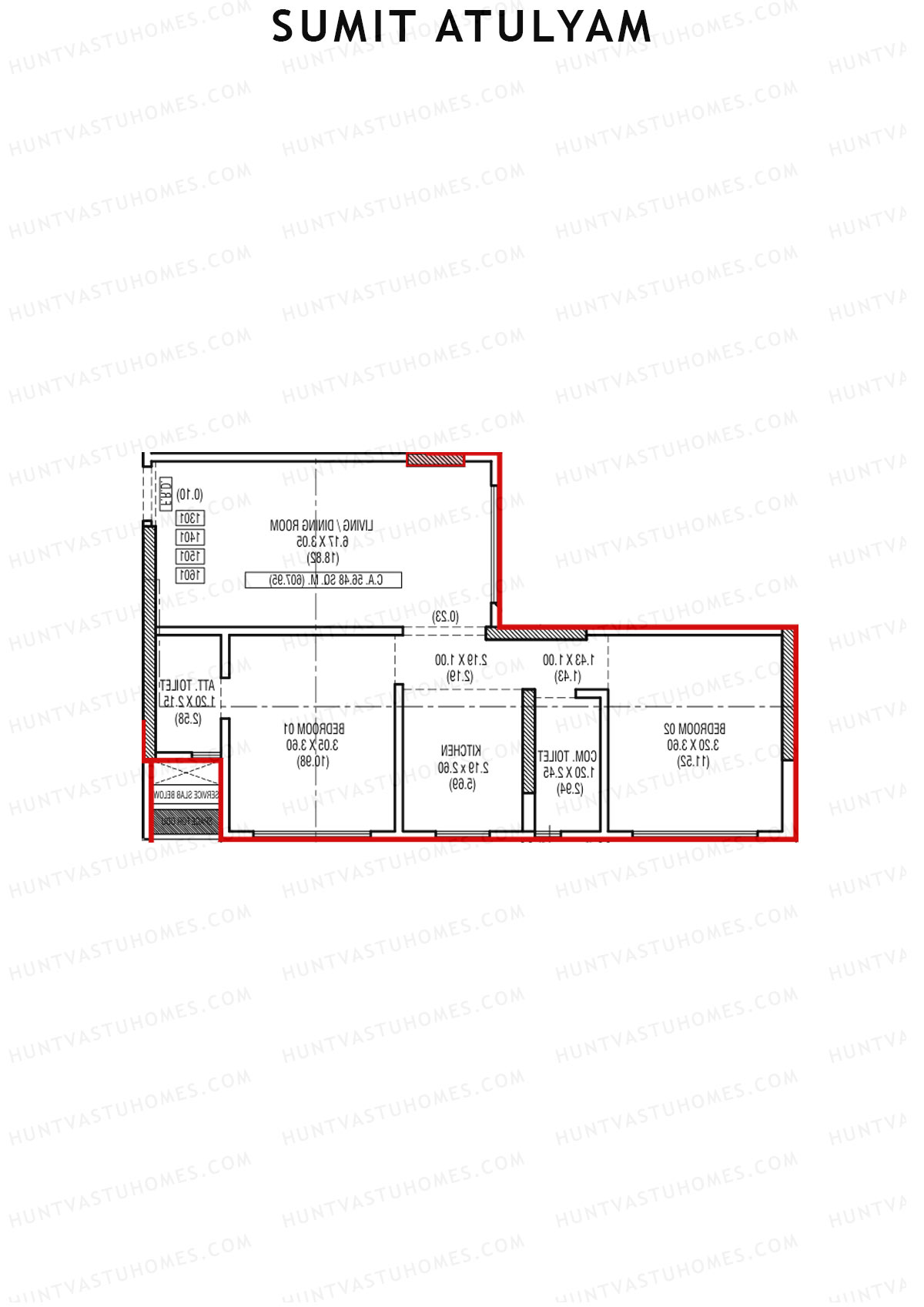 Sumit Atulyam, Wing B, Unit 4, 2BHK, Carpet Area 607   sq ft 