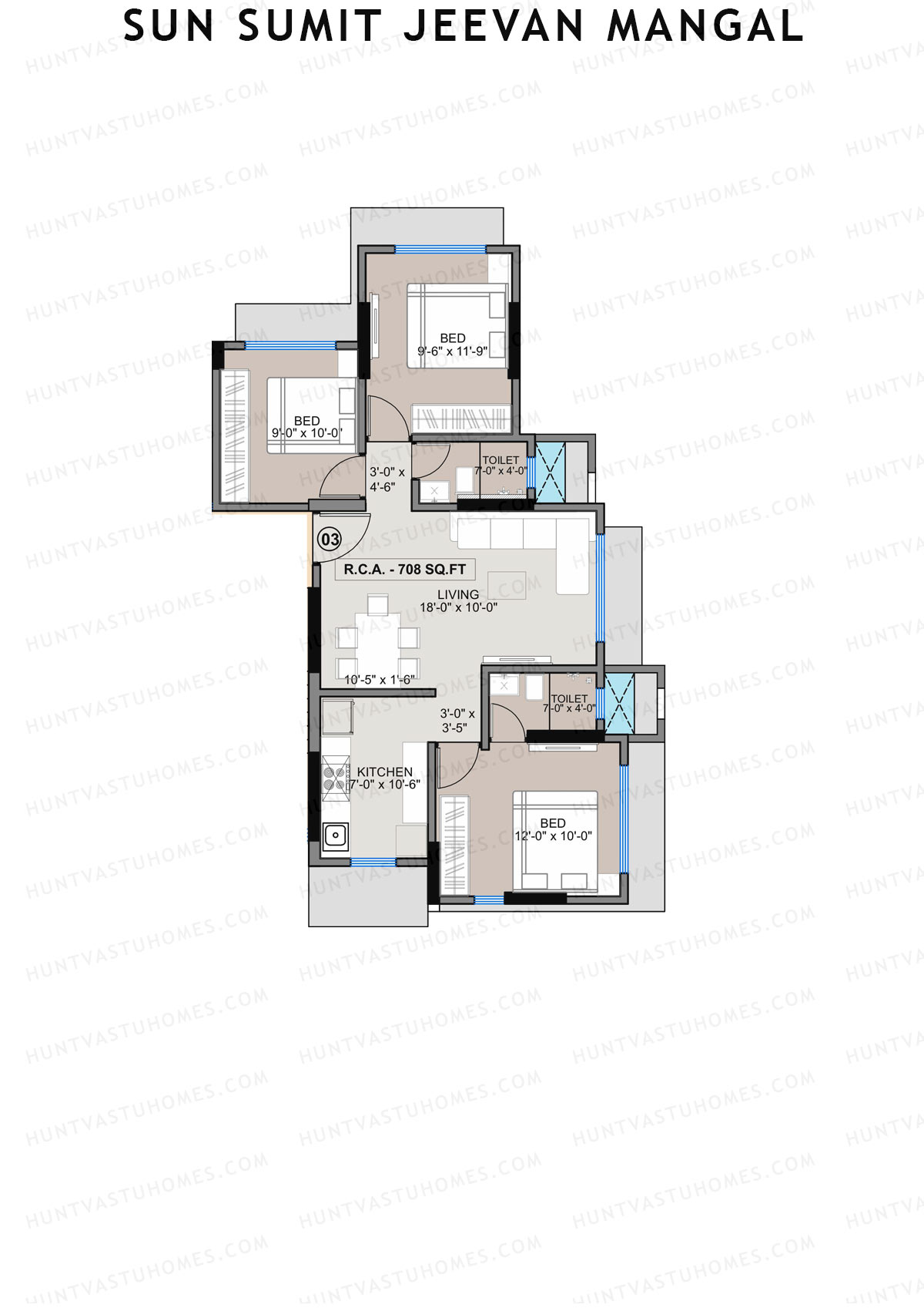 Sun Sumit Jeevan Mangal, Jeevan, Unit 3, 3BHK, Carpet Area 708   sq ft 