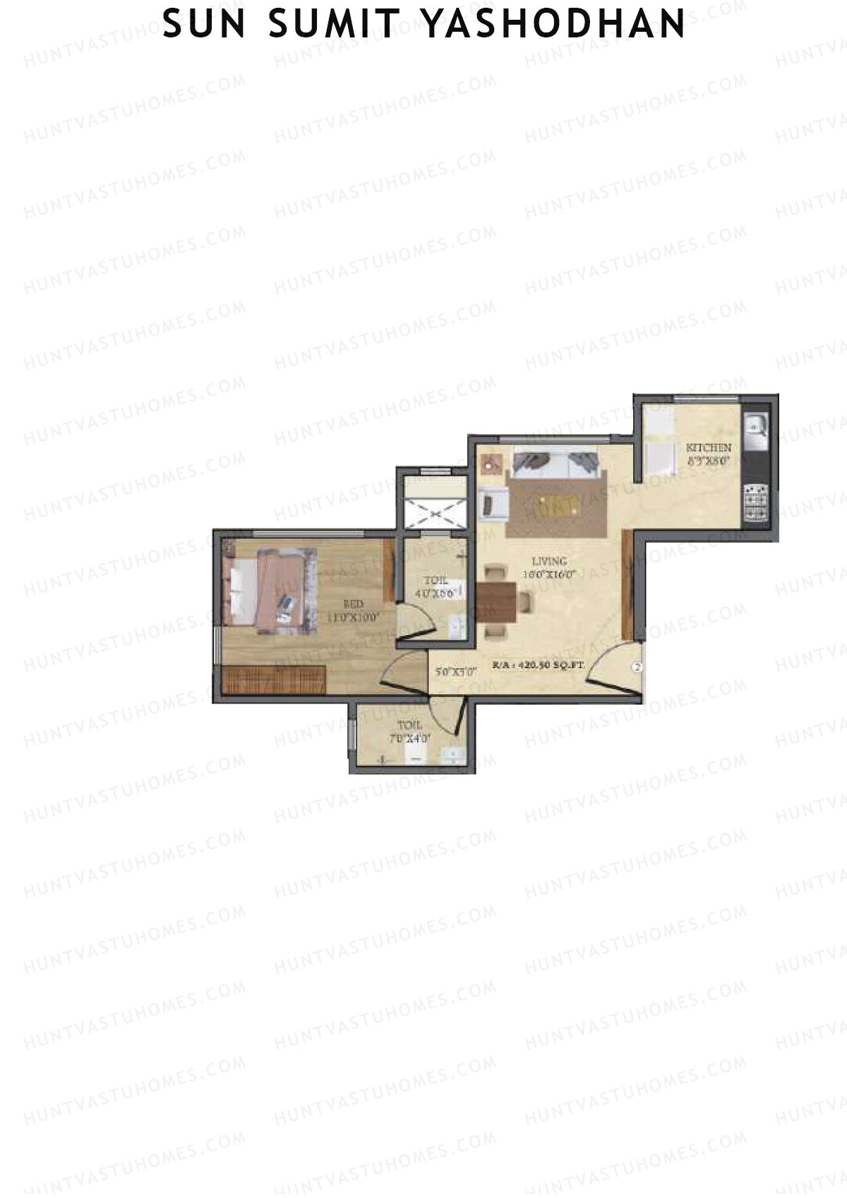 Sun Sumit Yashodhan, Yashodhan, Unit 2, 1BHK, Carpet Area 420   sq ft 