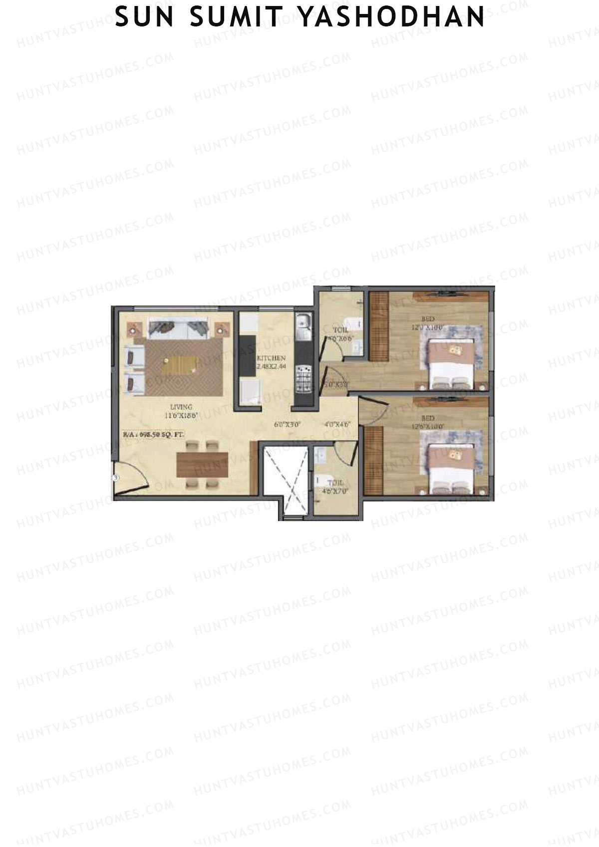 Sun Sumit Yashodhan, Yashodhan, Unit 3, 2BHK, Carpet Area 698   sq ft 