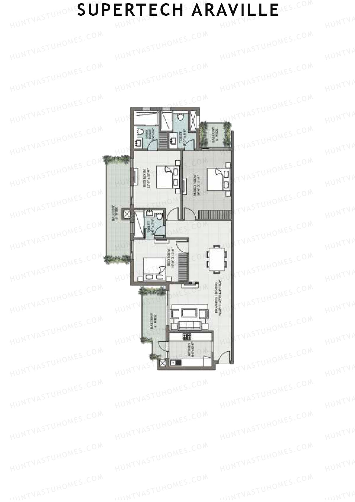 Supertech Araville, Tower B, Unit 2, 3BHK, Super Area 1945   sq ft 