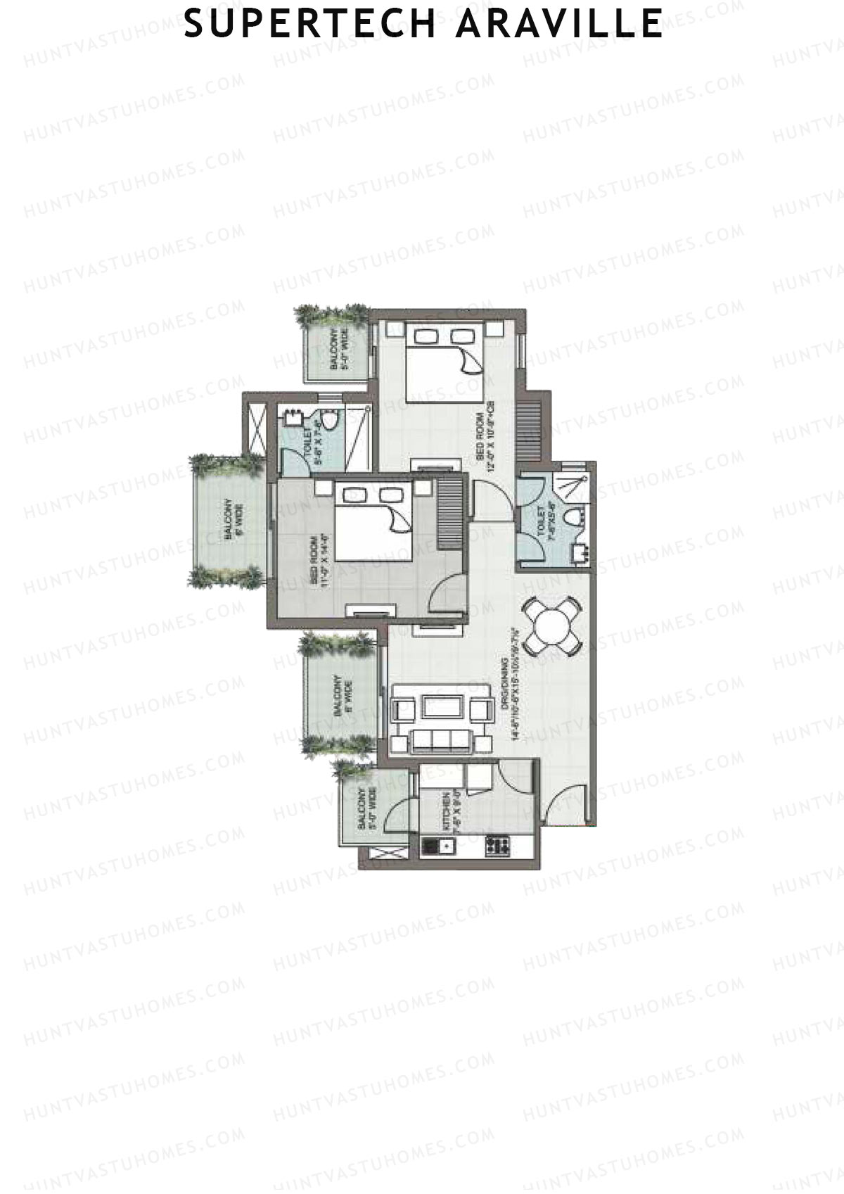 Supertech Araville, Tower D, Unit 1, 2BHK, Super Area 1295   sq ft 