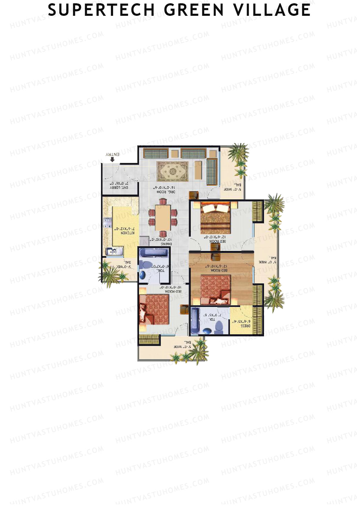 Supertech Green Village, Tower B, Unit 5, 3BHK, Super Area 1588   sq ft 