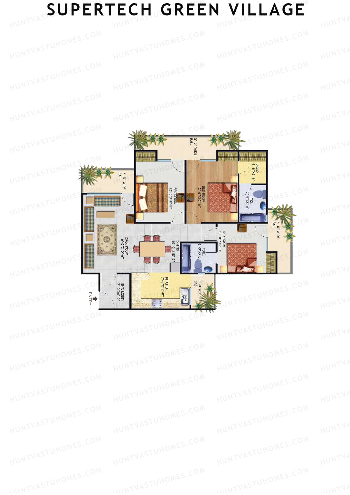 Supertech Green Village, Tower D, Unit 5, 3BHK, Super Area 1588   sq ft 