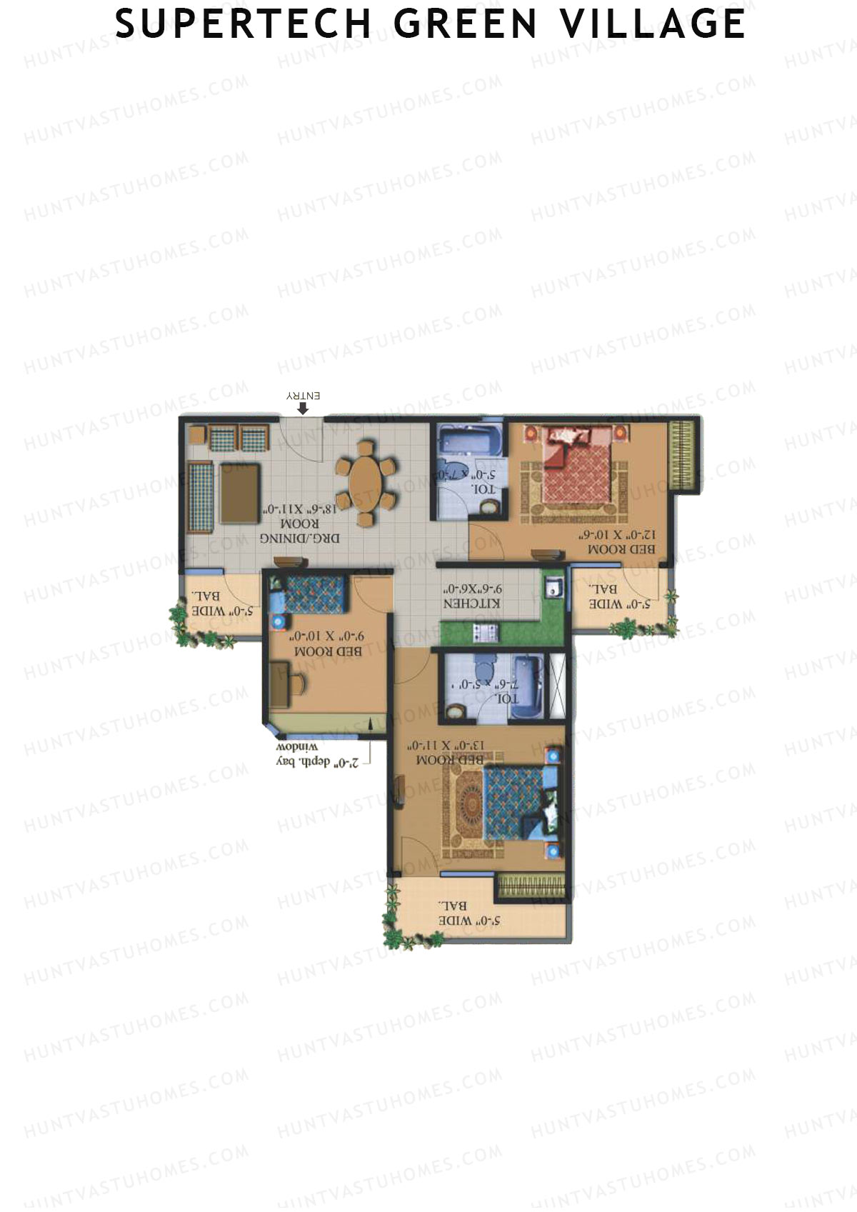 Supertech Green Village, Tower E, Unit 1, 3BHK, Super Area 1295   sq ft 