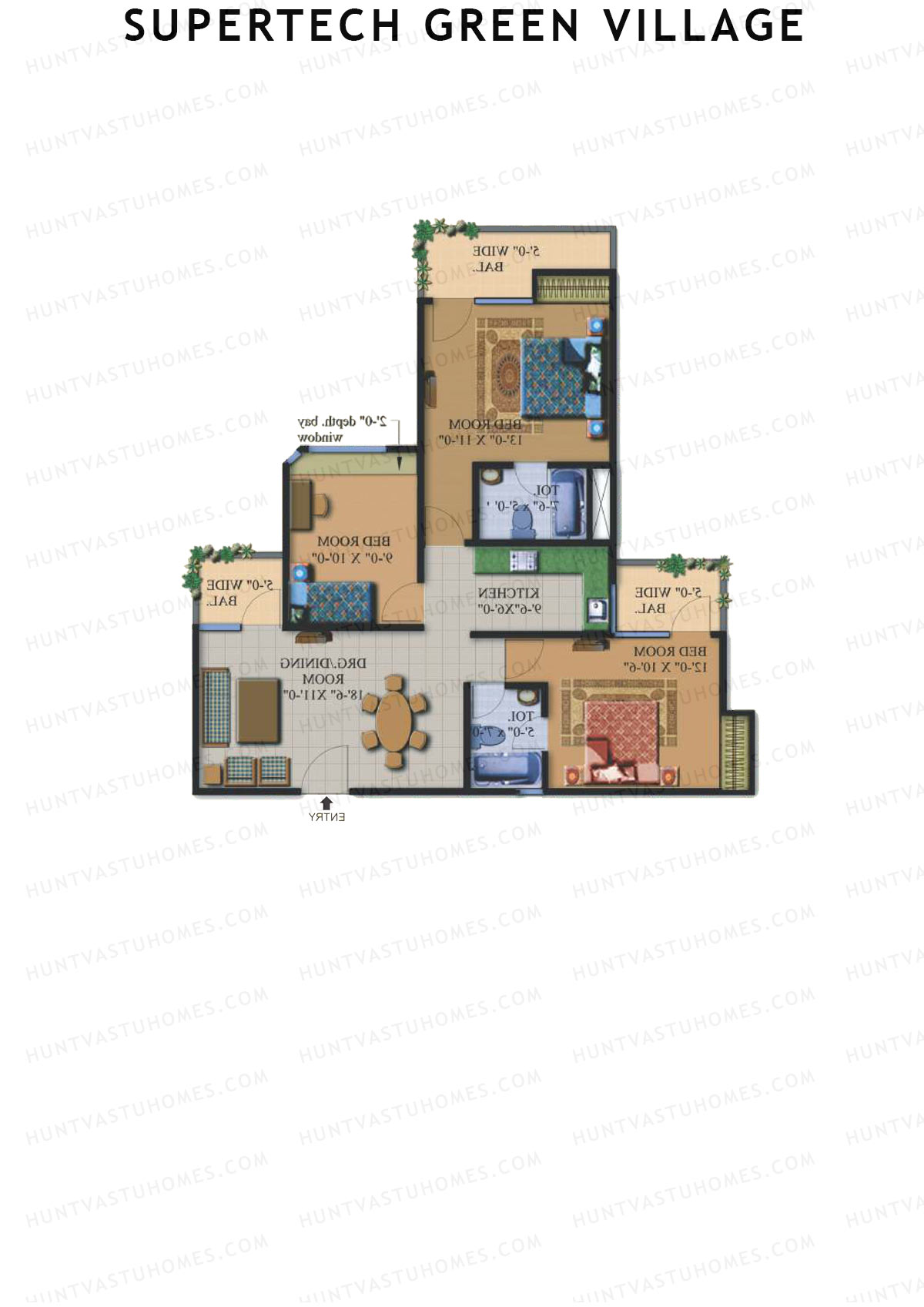Supertech Green Village, Tower E, Unit 2, 3BHK, Super Area 1295   sq ft 