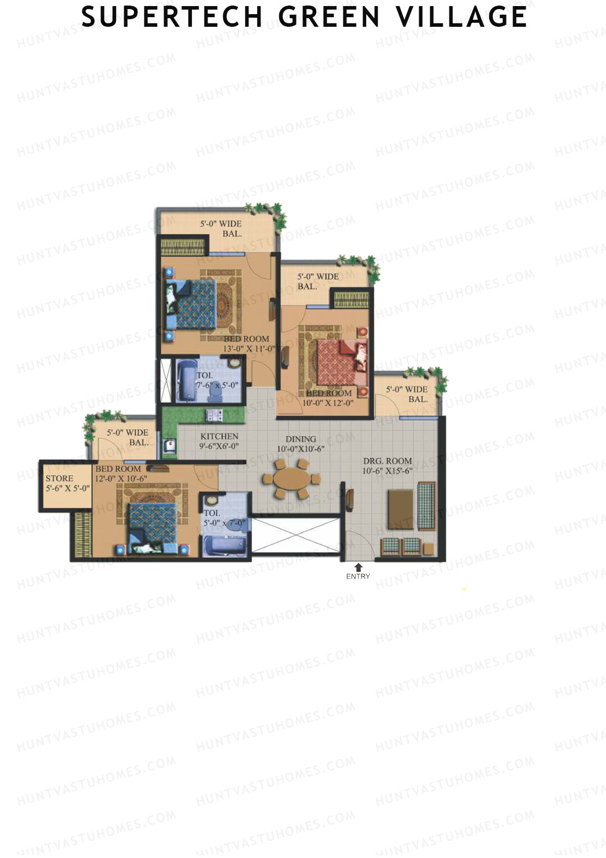 Supertech Green Village, Tower E, Unit 3, 3BHK, Super Area 1505   sq ft 