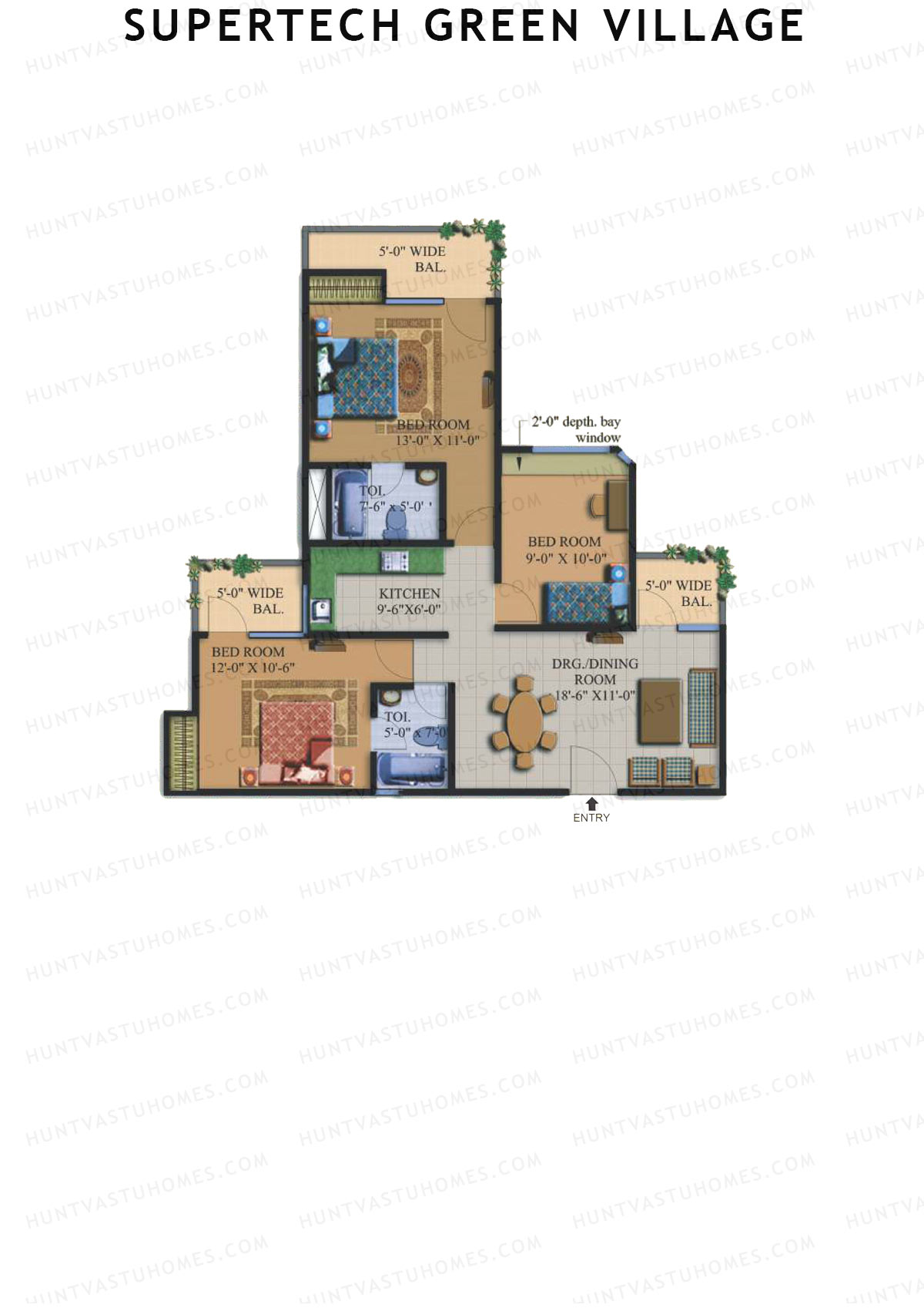 Supertech Green Village, Tower E, Unit 4, 3BHK, Super Area 1295   sq ft 