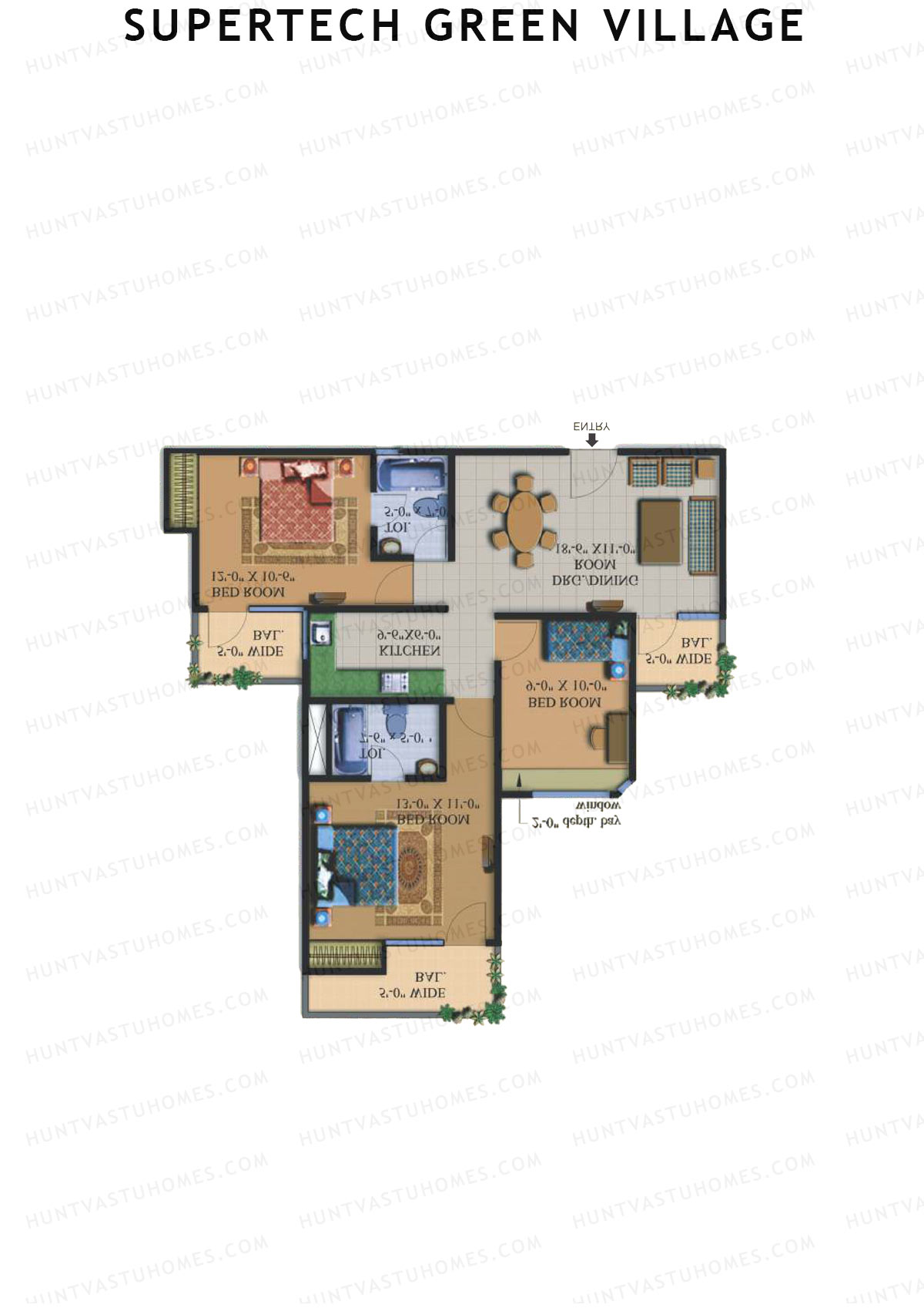 Supertech Green Village, Tower E, Unit 5, 3BHK, Super Area 1295   sq ft 