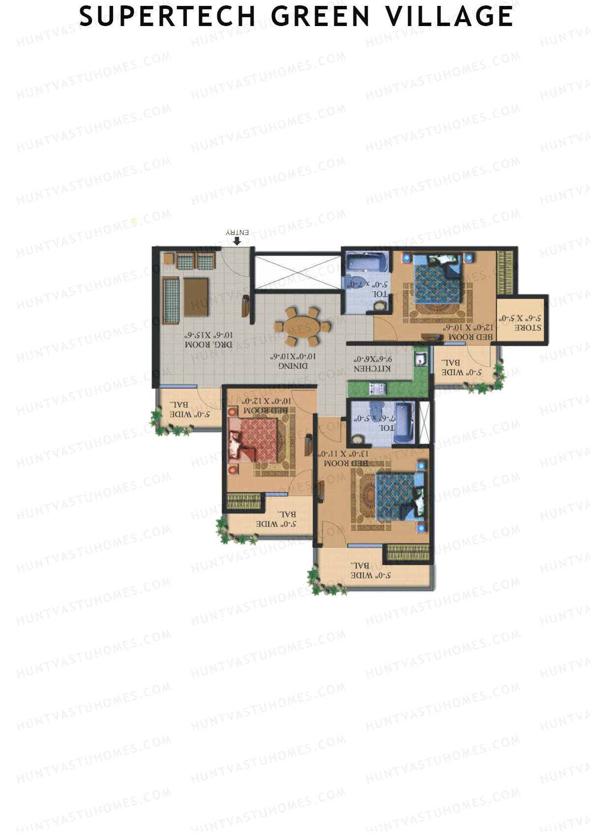 Supertech Green Village, Tower E, Unit 6, 3BHK, Super Area 1505   sq ft 