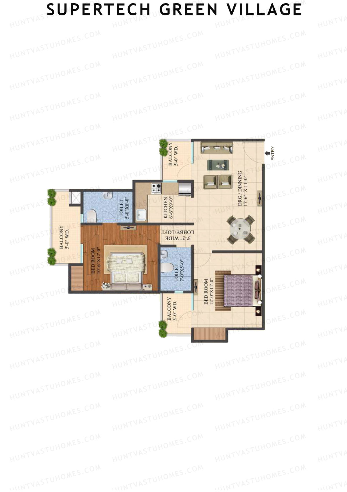 Supertech Green Village, Tower F, Unit 7, 2BHK, Super Area 1055   sq ft 