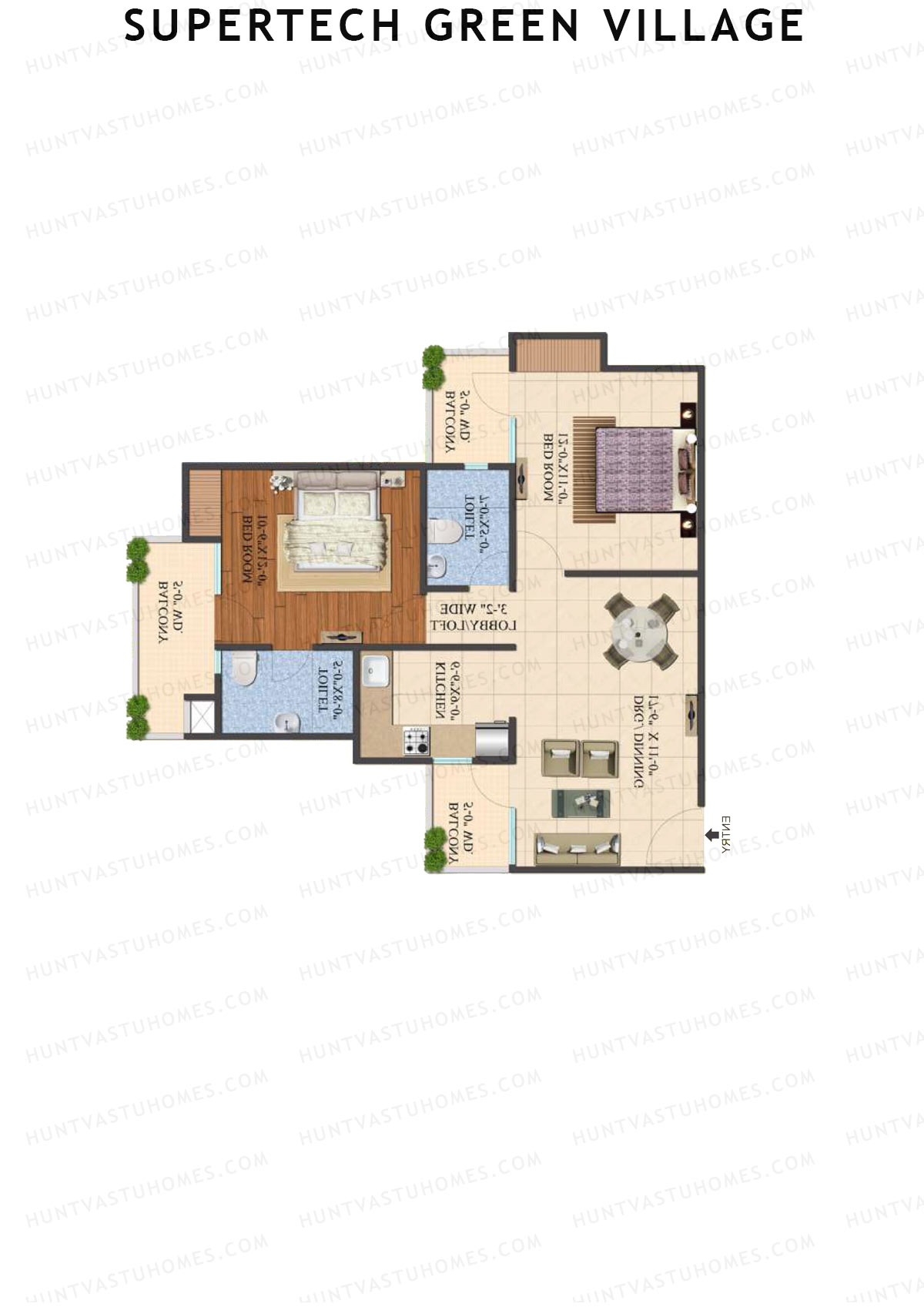 Supertech Green Village, Tower F, Unit 8, 2BHK, Super Area 1055   sq ft 