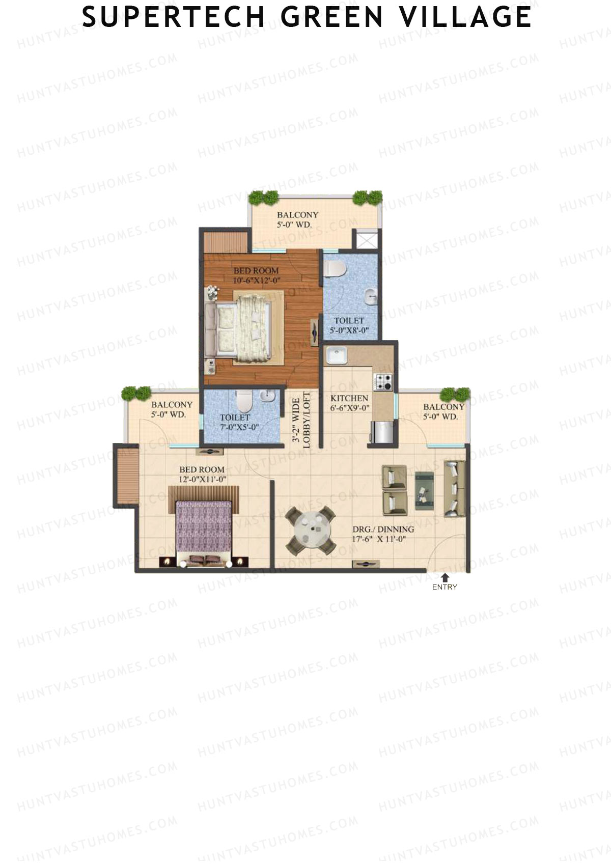 Supertech Green Village, Tower F, Unit 9, 2BHK, Super Area 1055   sq ft 