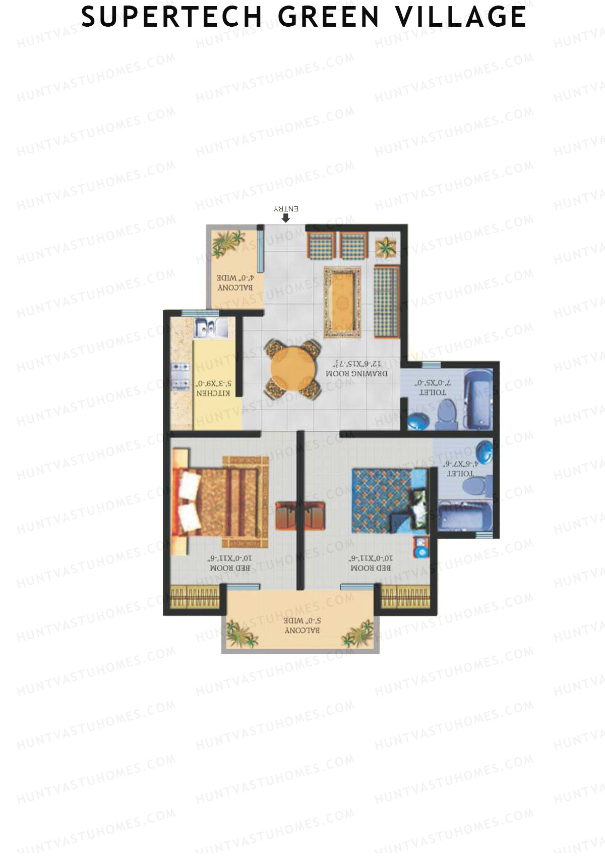 Supertech Green Village, Tower G, Unit 3, 2BHK, Super Area 871   sq ft 