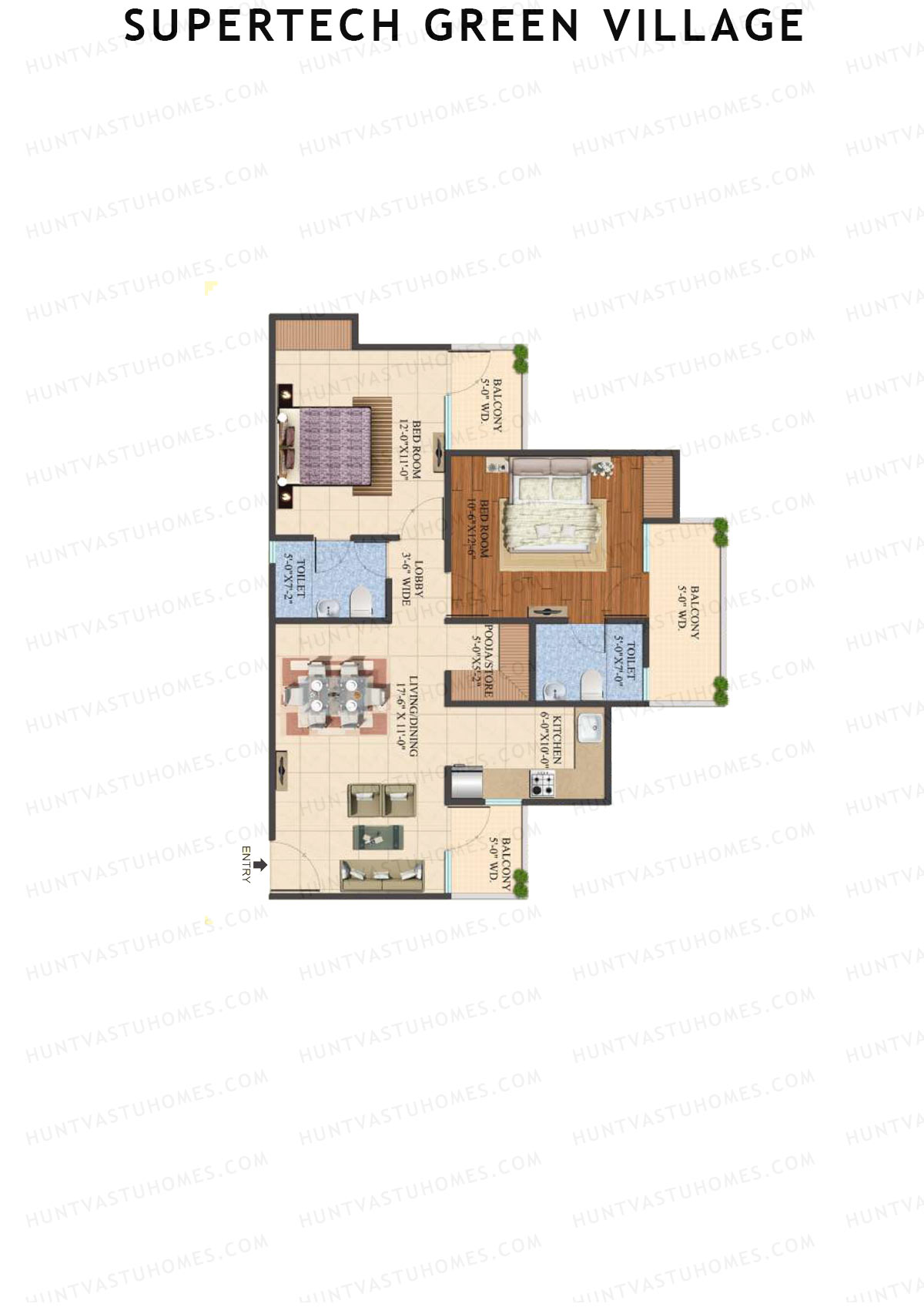 Supertech Green Village, Tower M3, Unit 1, 2BHK, Super Area 1095   sq ft 