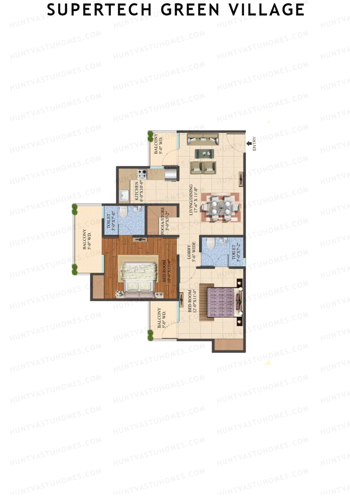 Supertech Green Village, Tower M3, Unit 5, 2BHK, Super Area 1095   sq ft 