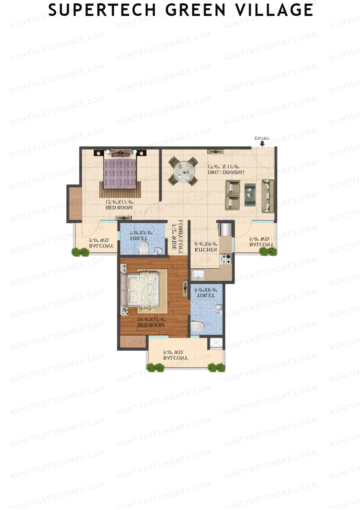 Supertech Green Village, Tower M4, Unit 12A, 2BHK, Super Area 1055   sq ft 