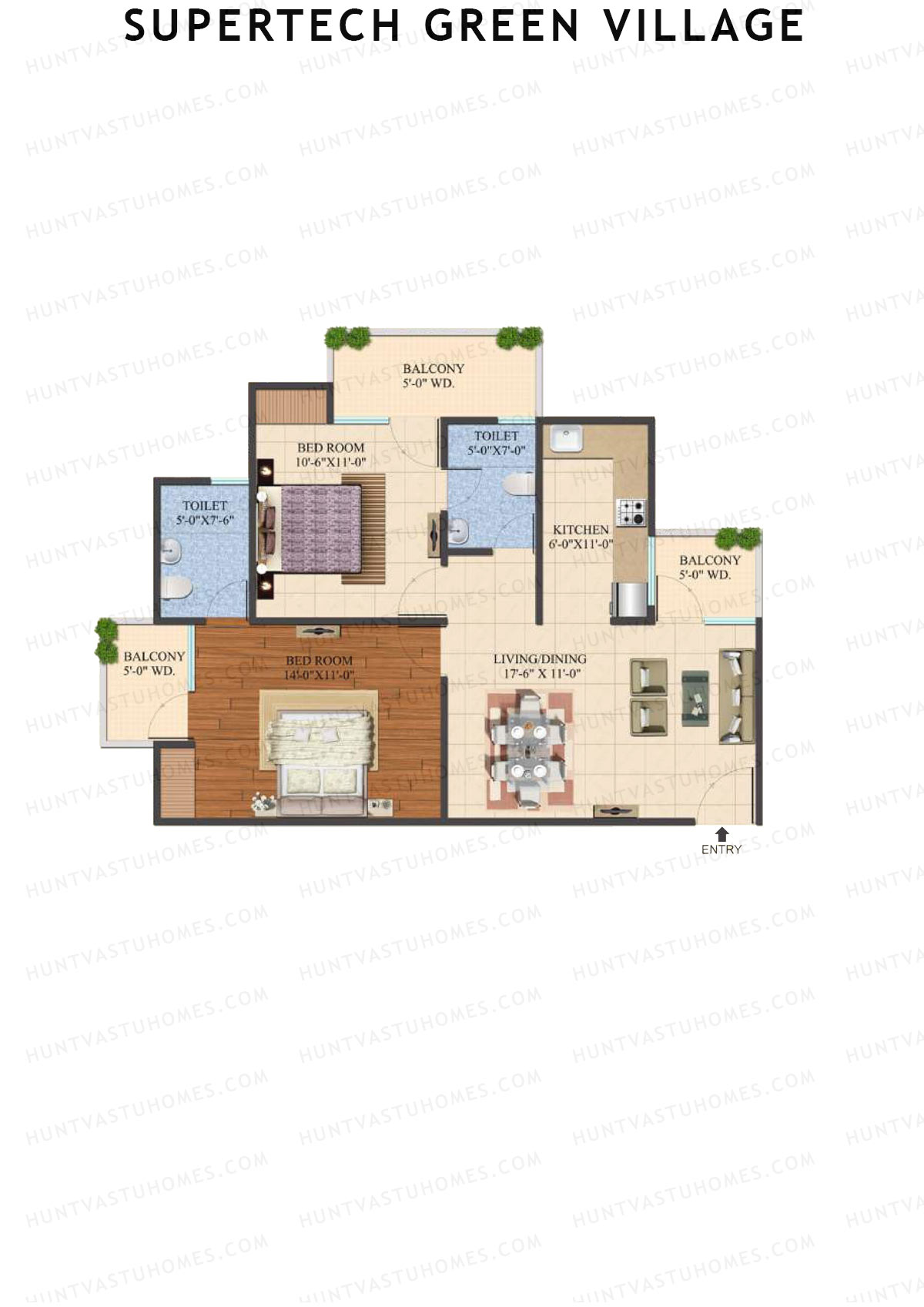 Supertech Green Village, Tower M4, Unit 1, 2BHK, Super Area 1080   sq ft 
