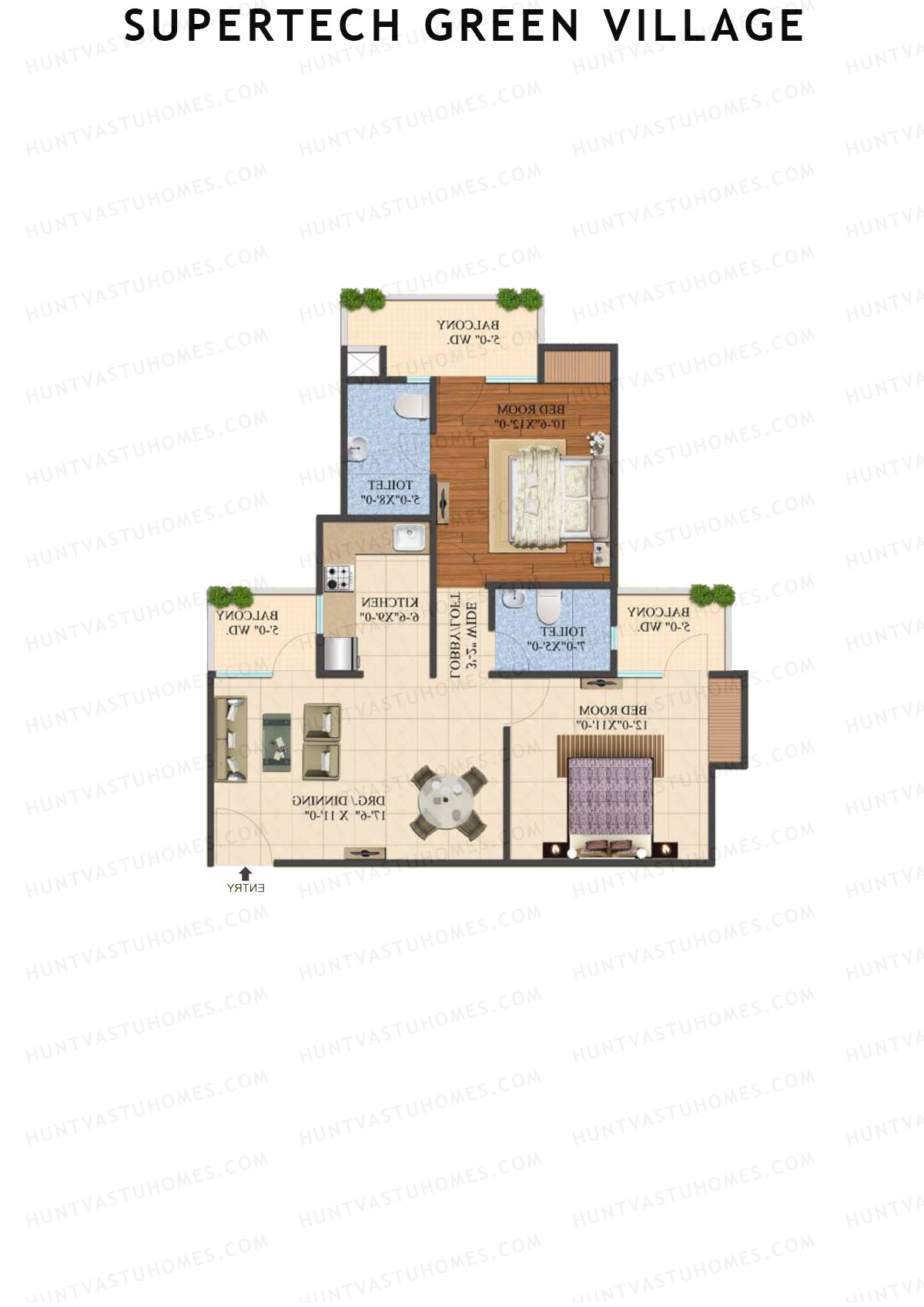 Supertech Green Village, Tower M4, Unit 2, 2BHK, Super Area 1055   sq ft 