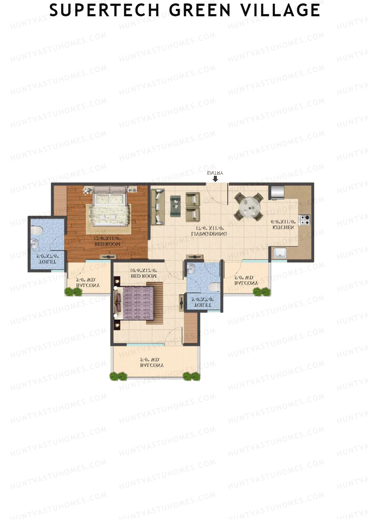 Supertech Green Village, Tower N2, Unit 11, 2BHK, Super Area 1055   sq ft 