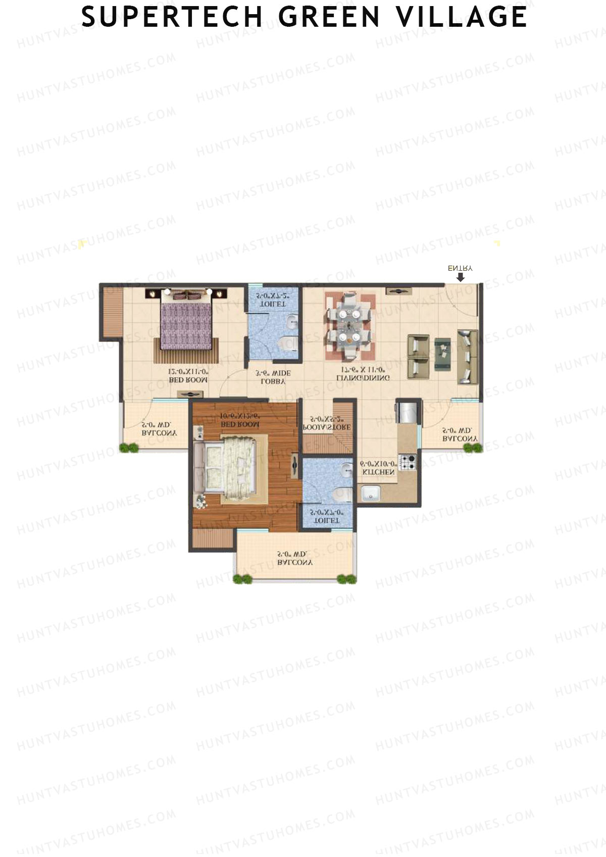 Supertech Green Village, Tower N2, Unit 12, 2BHK, Super Area 1095   sq ft 