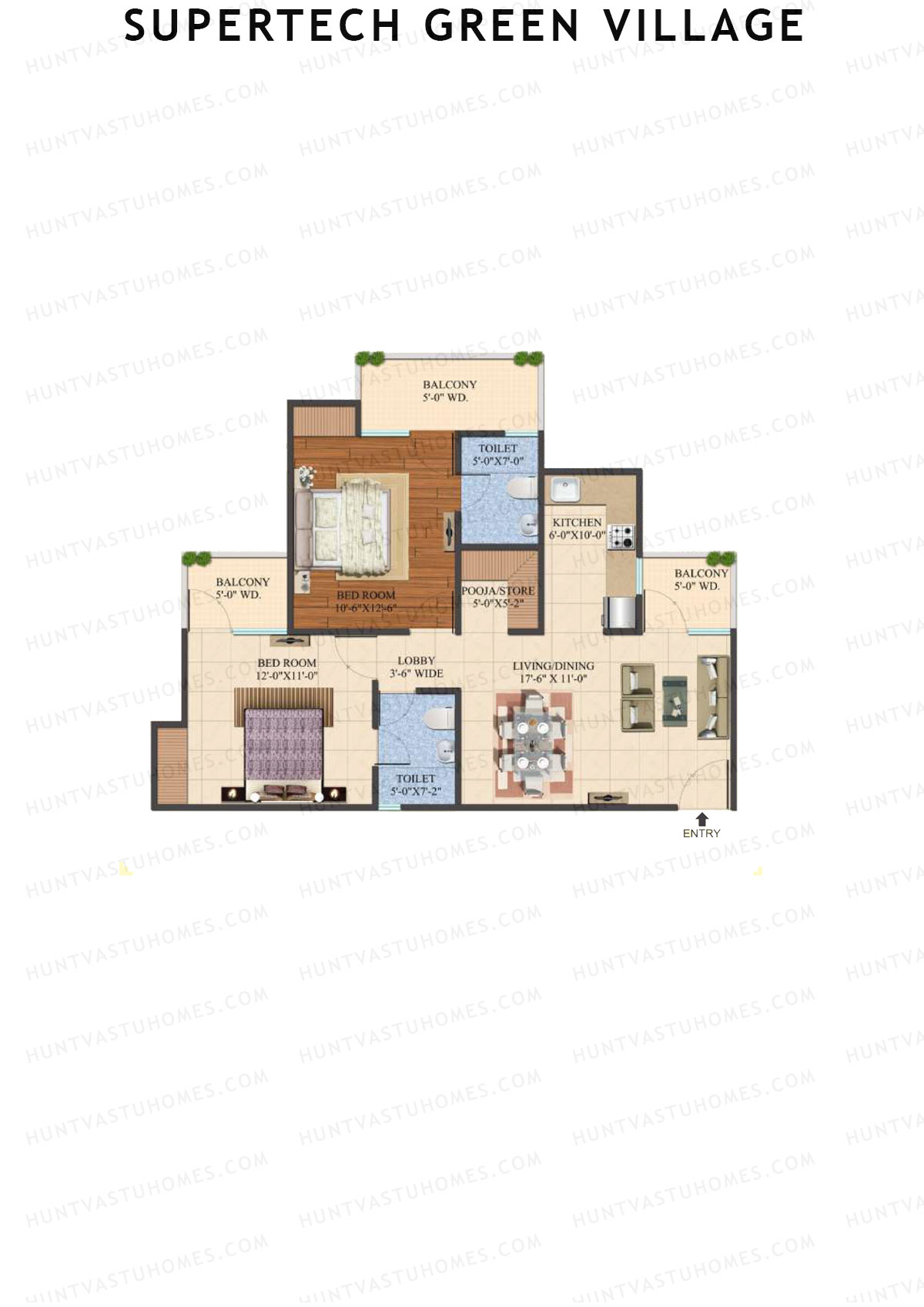 Supertech Green Village, Tower N2, Unit 1, 2BHK, Super Area 1095   sq ft 