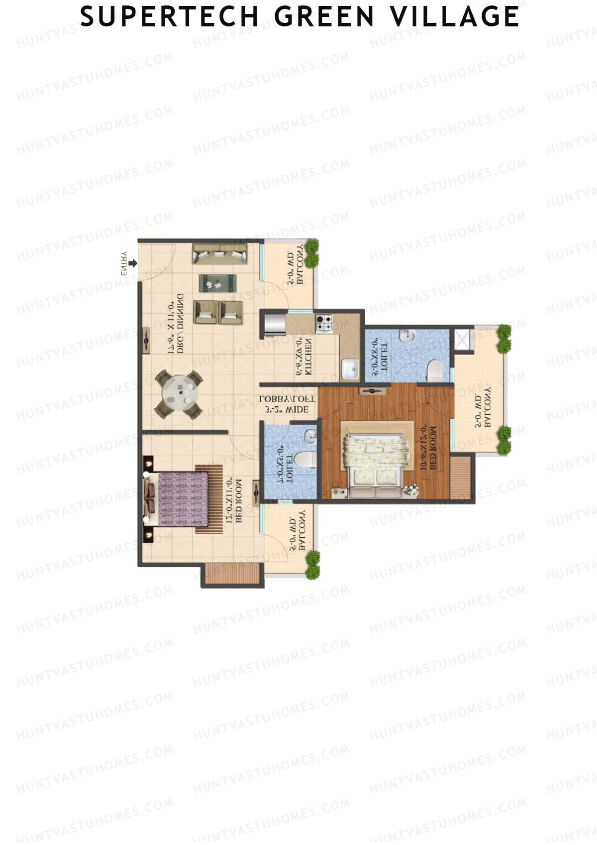 Supertech Green Village, Tower N2, Unit 5, 2BHK, Super Area 1055   sq ft 