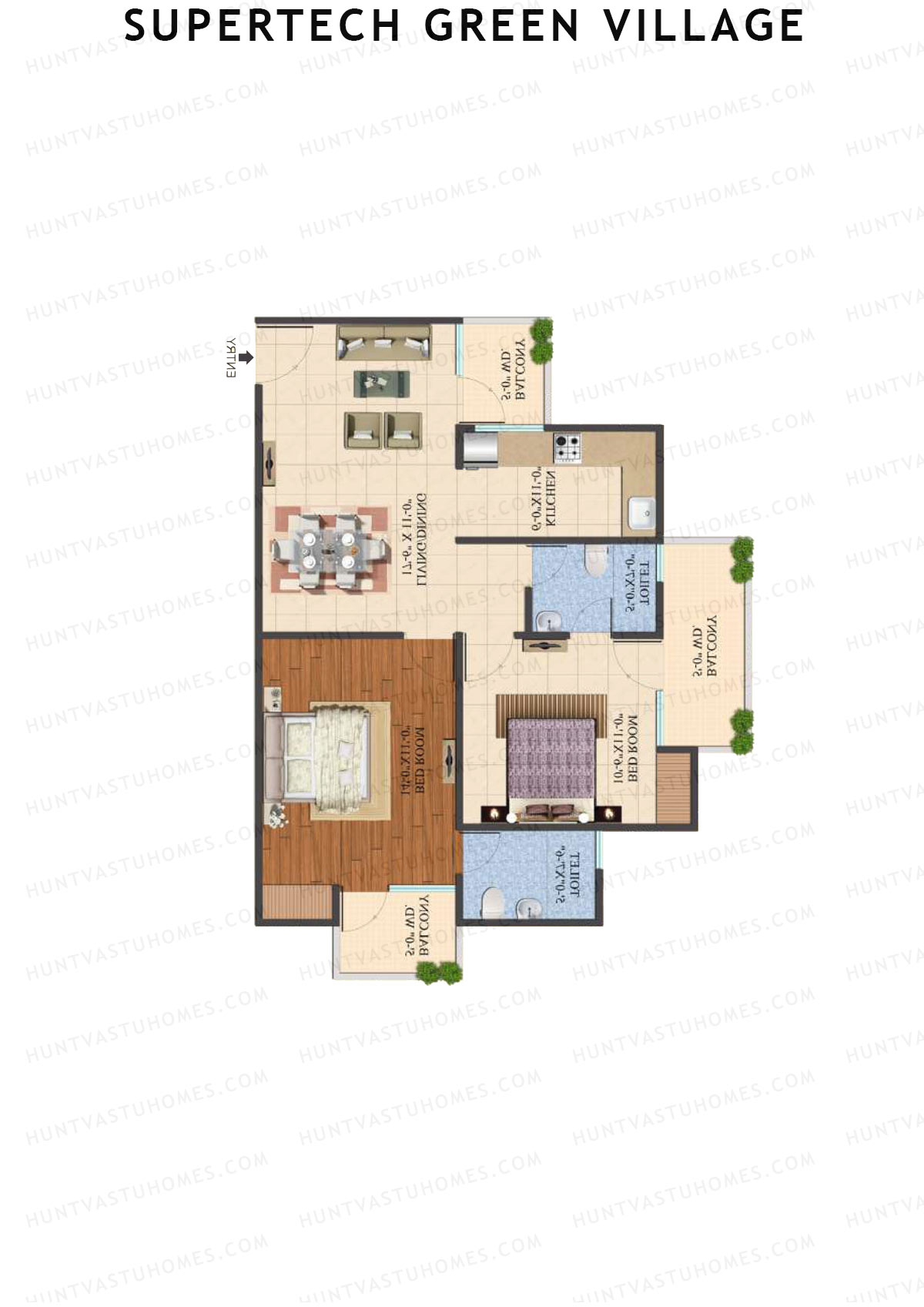 Supertech Green Village, Tower N2, Unit 7, 2BHK, Super Area 1080   sq ft 