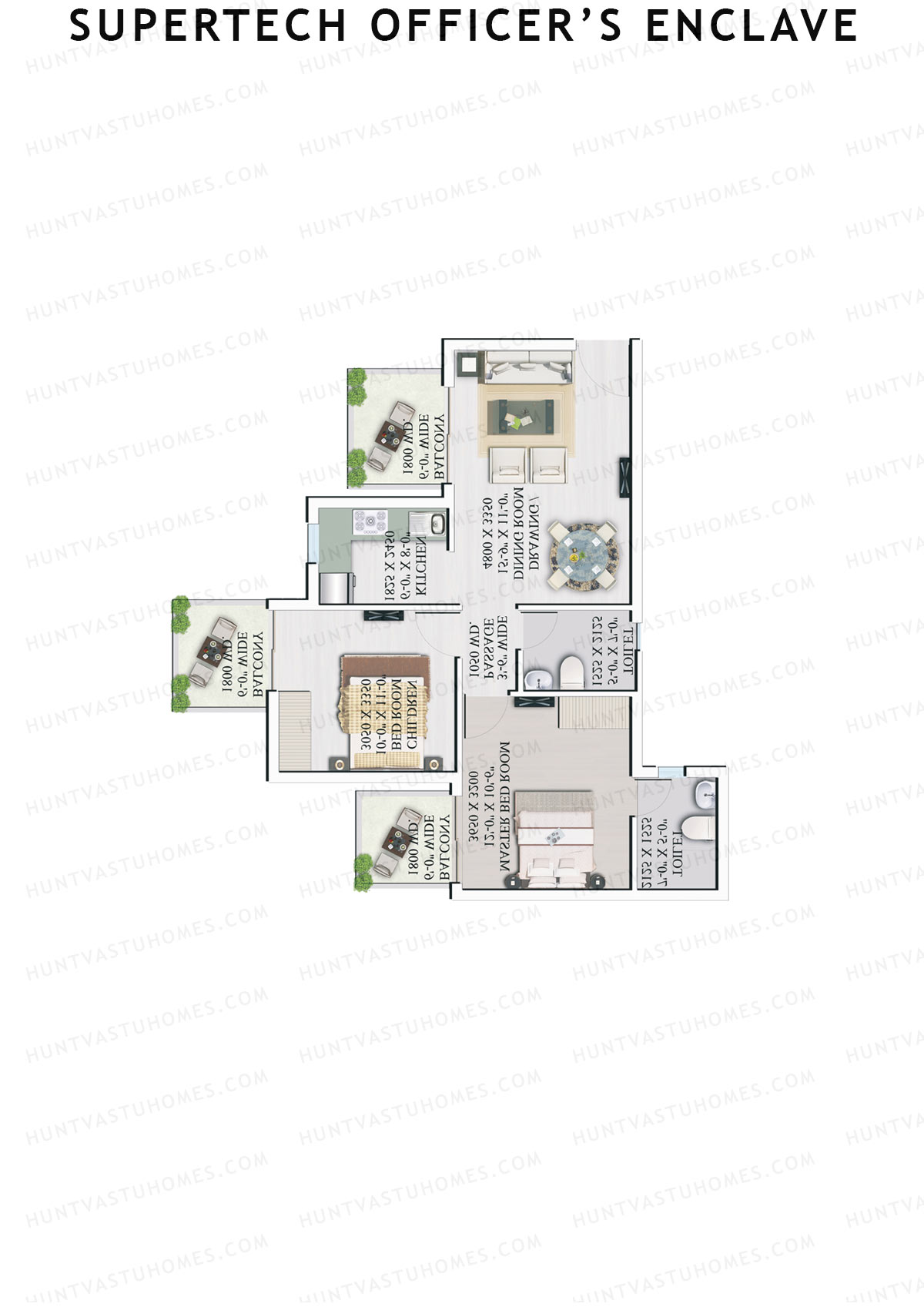Supertech Officers Enclave, Tower A1, Unit 4, 2BHK, Super Area 985   sq ft 