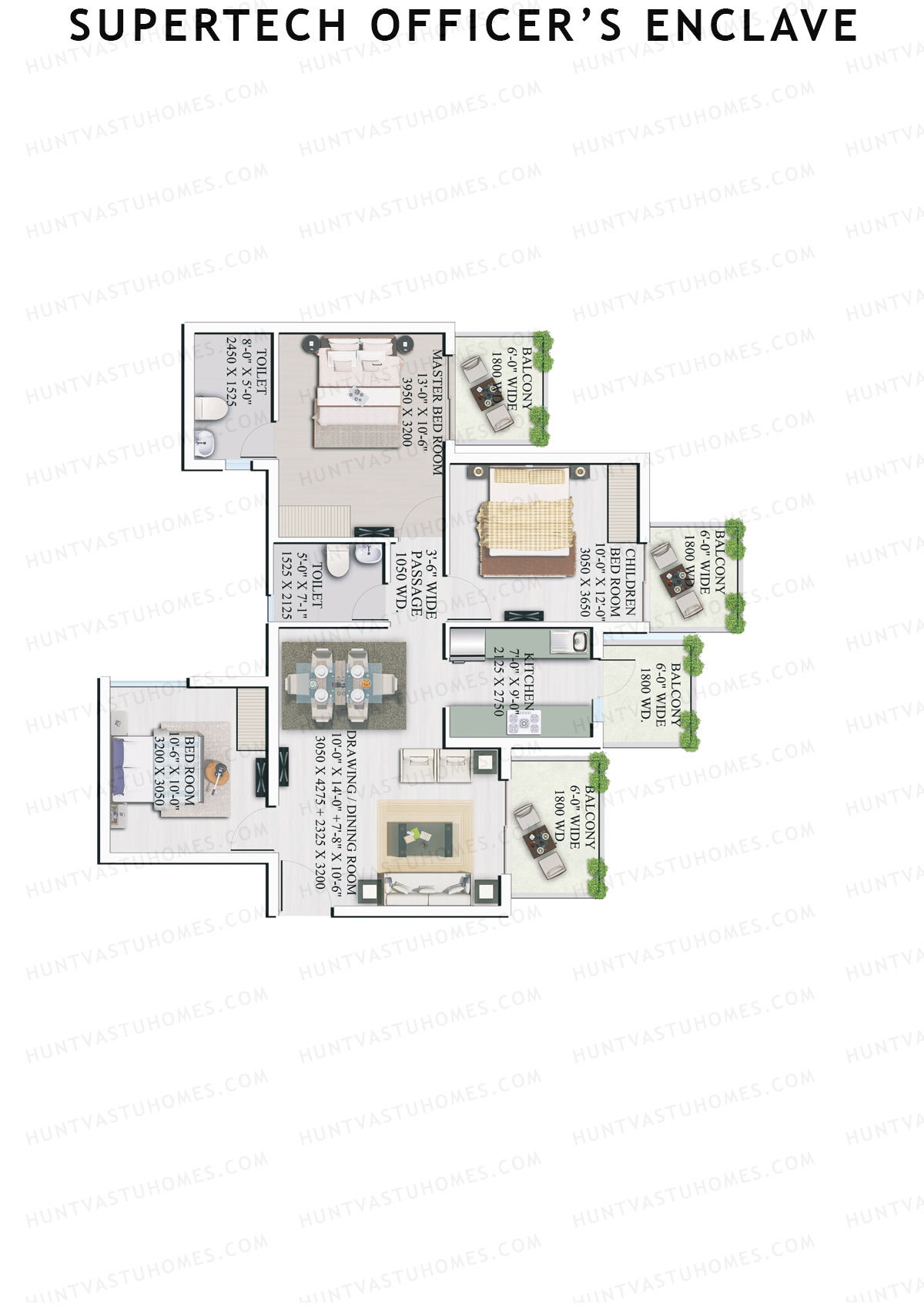 Supertech Officers Enclave, Tower A2, Unit 2, 3BHK, Super Area 1345   sq ft 