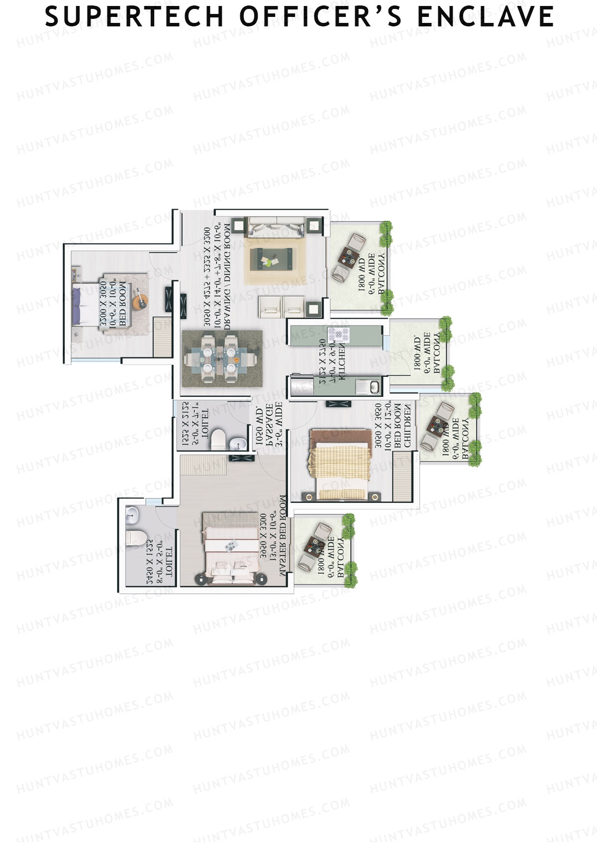 Supertech Officers Enclave, Tower A2, Unit 3, 3BHK, Super Area 1345   sq ft 