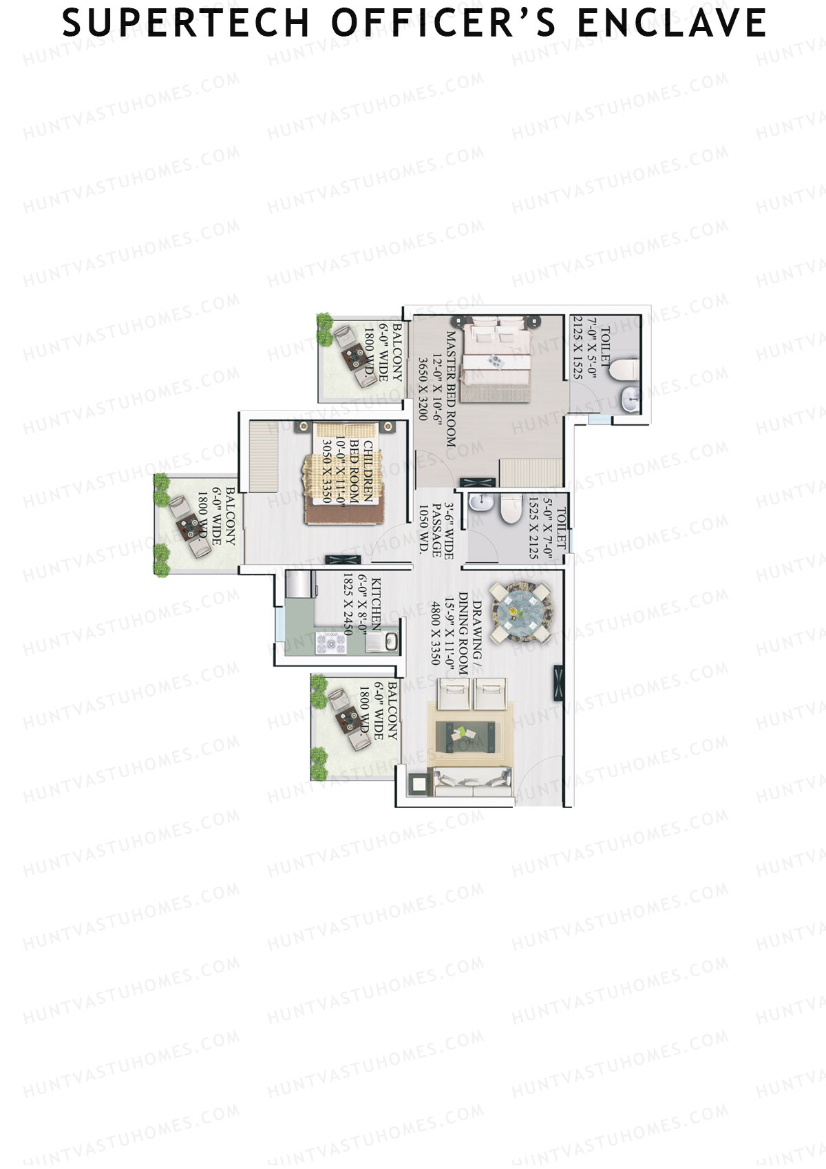 Supertech Officers Enclave, Tower A3, Unit 1, 2BHK, Super Area 985   sq ft 