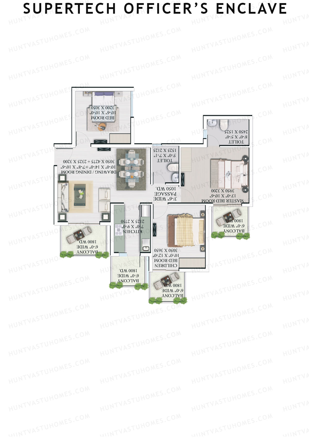 Supertech Officers Enclave, Tower A3, Unit 2, 3BHK, Super Area 1345   sq ft 