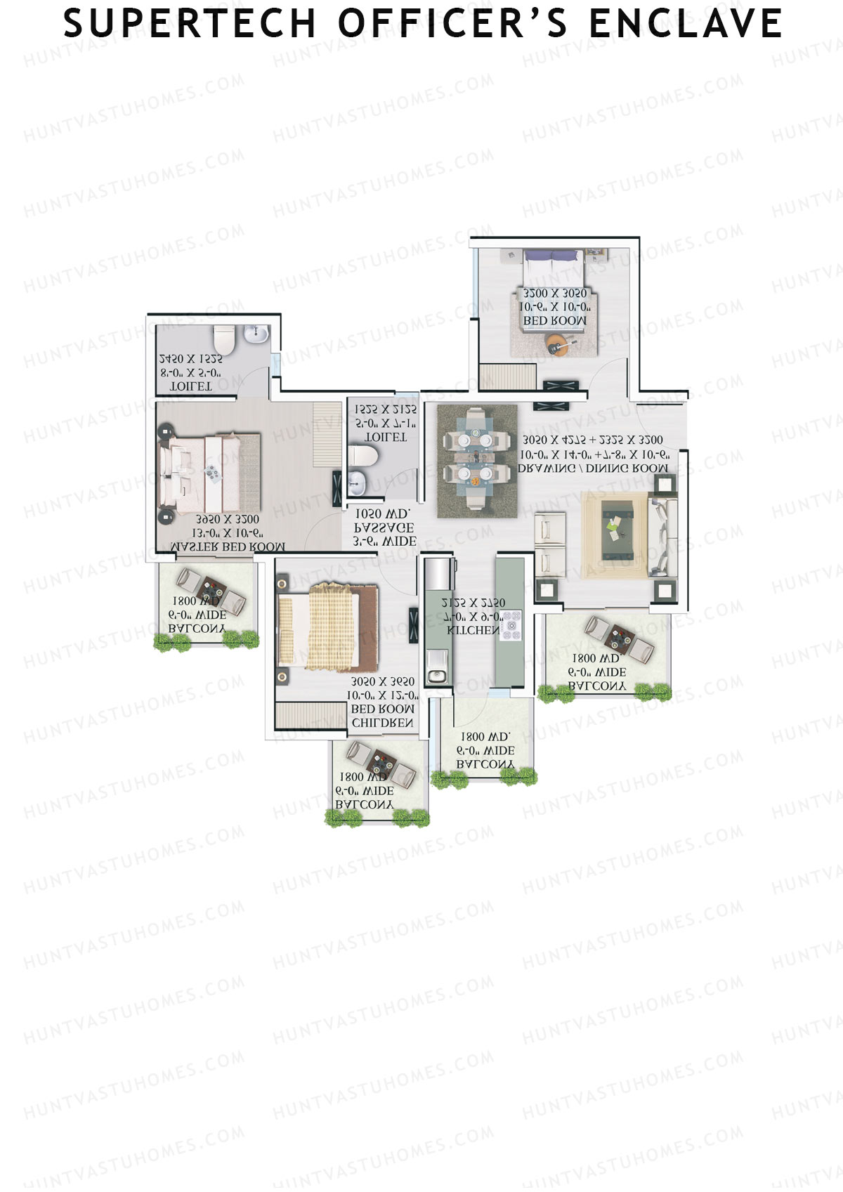 Supertech Officers Enclave, Tower A3, Unit 3, 3BHK, Super Area 1345   sq ft 