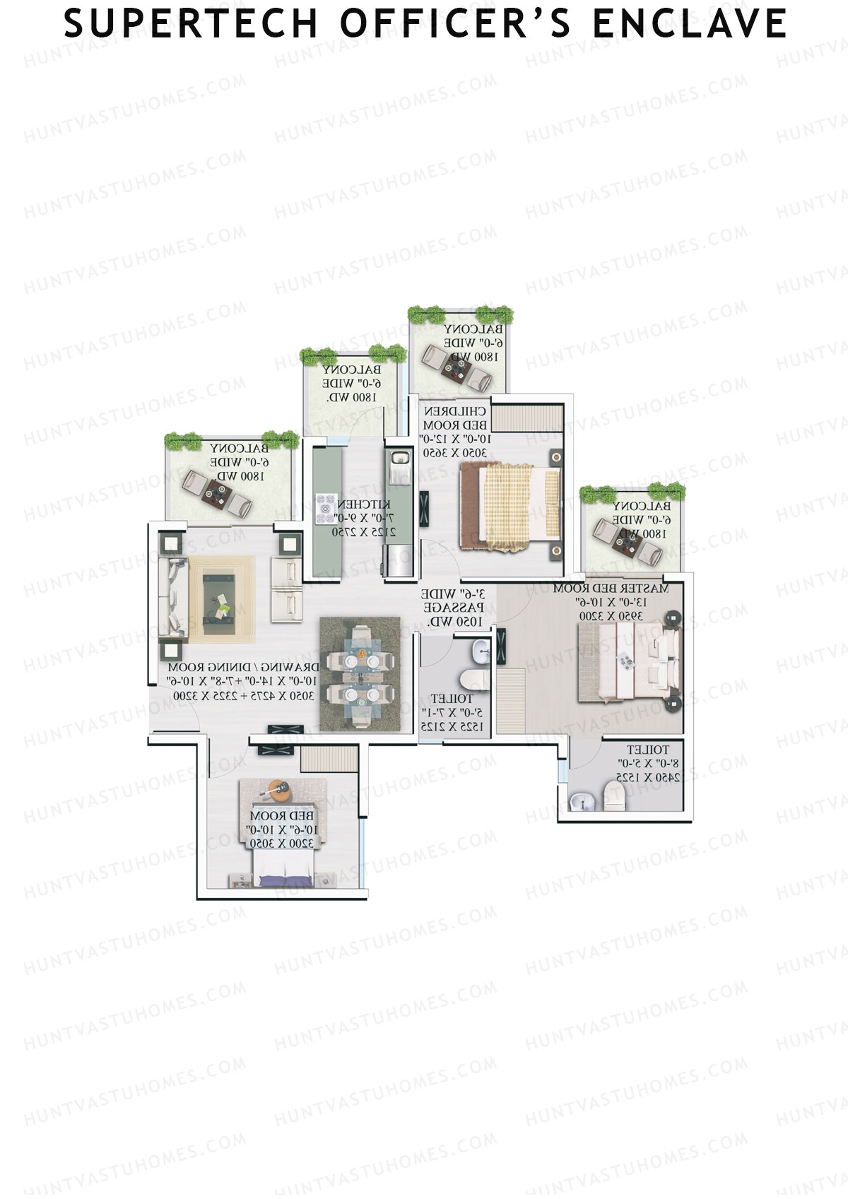 Supertech Officers Enclave, Tower A4, Unit 2, 3BHK, Super Area 1345   sq ft 